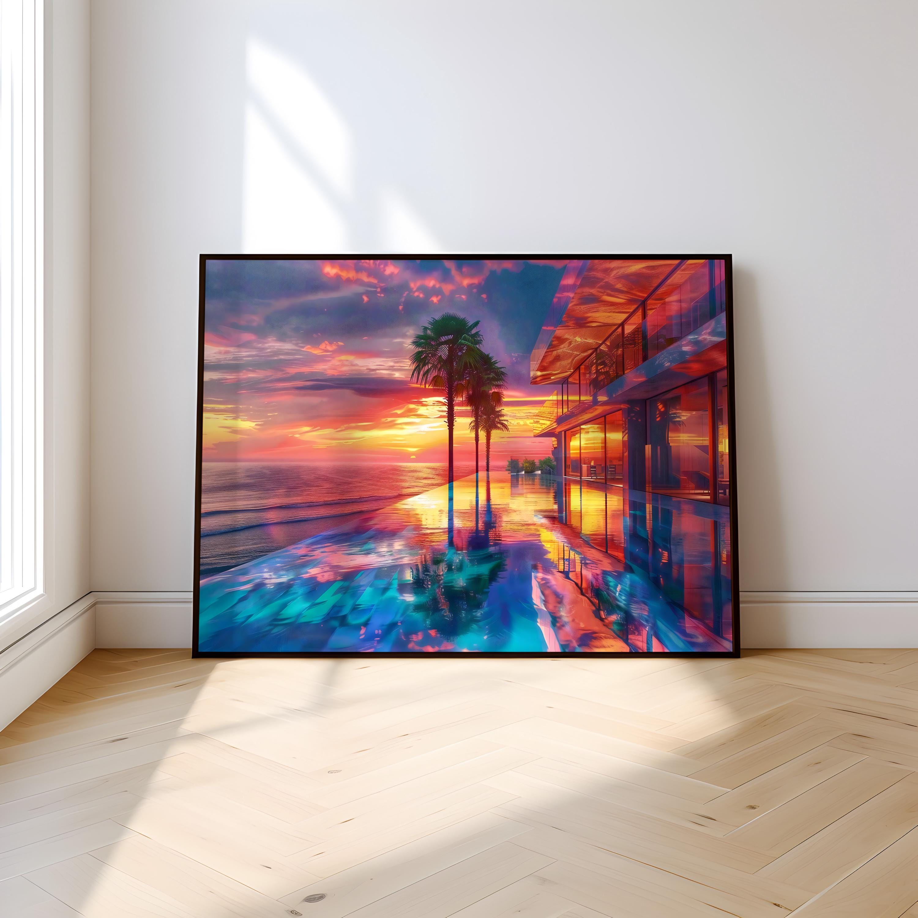 Tropical Sunset Paradise: Serene Palm Tree Silhouette Canvas Art | Calming Beach Wall Decor