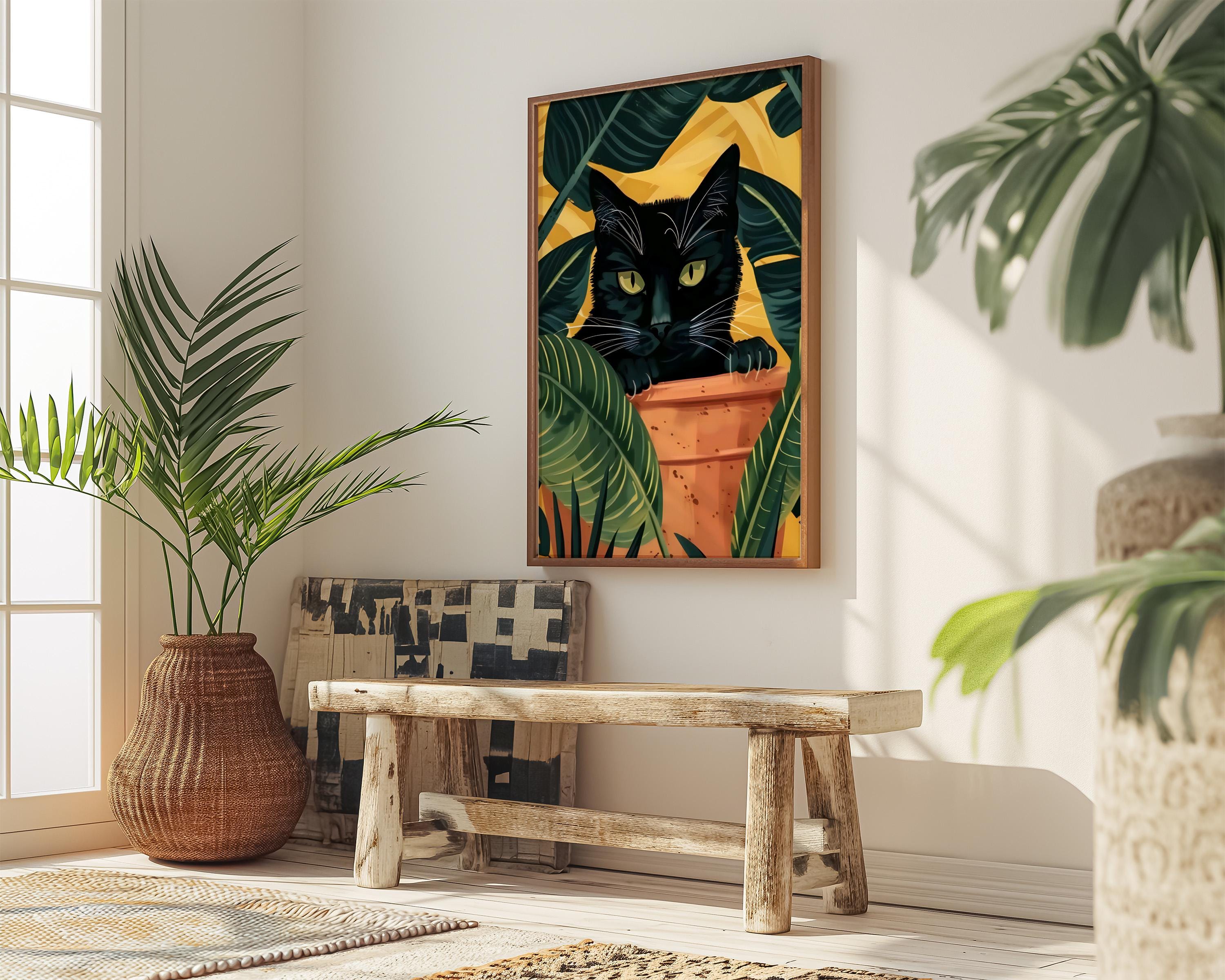 Jungle Cat: Playful Black Cat & Tropical Leaves Canvas Art | Whimsical Botanical Wall Decor