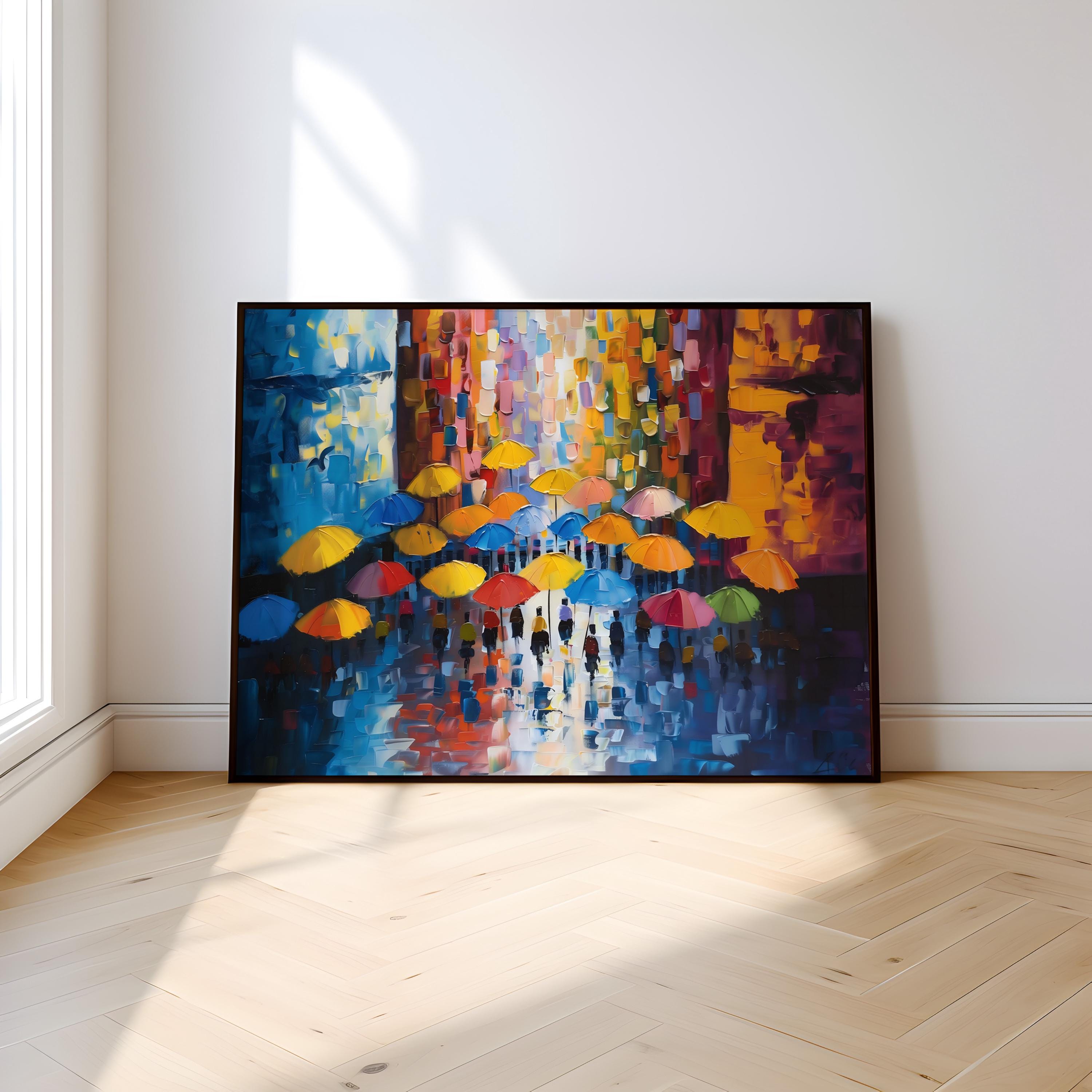 The Rainbow Parade: Abstract Figures with Umbrellas in Rainy City | Vibrant & Joyful Wall Art