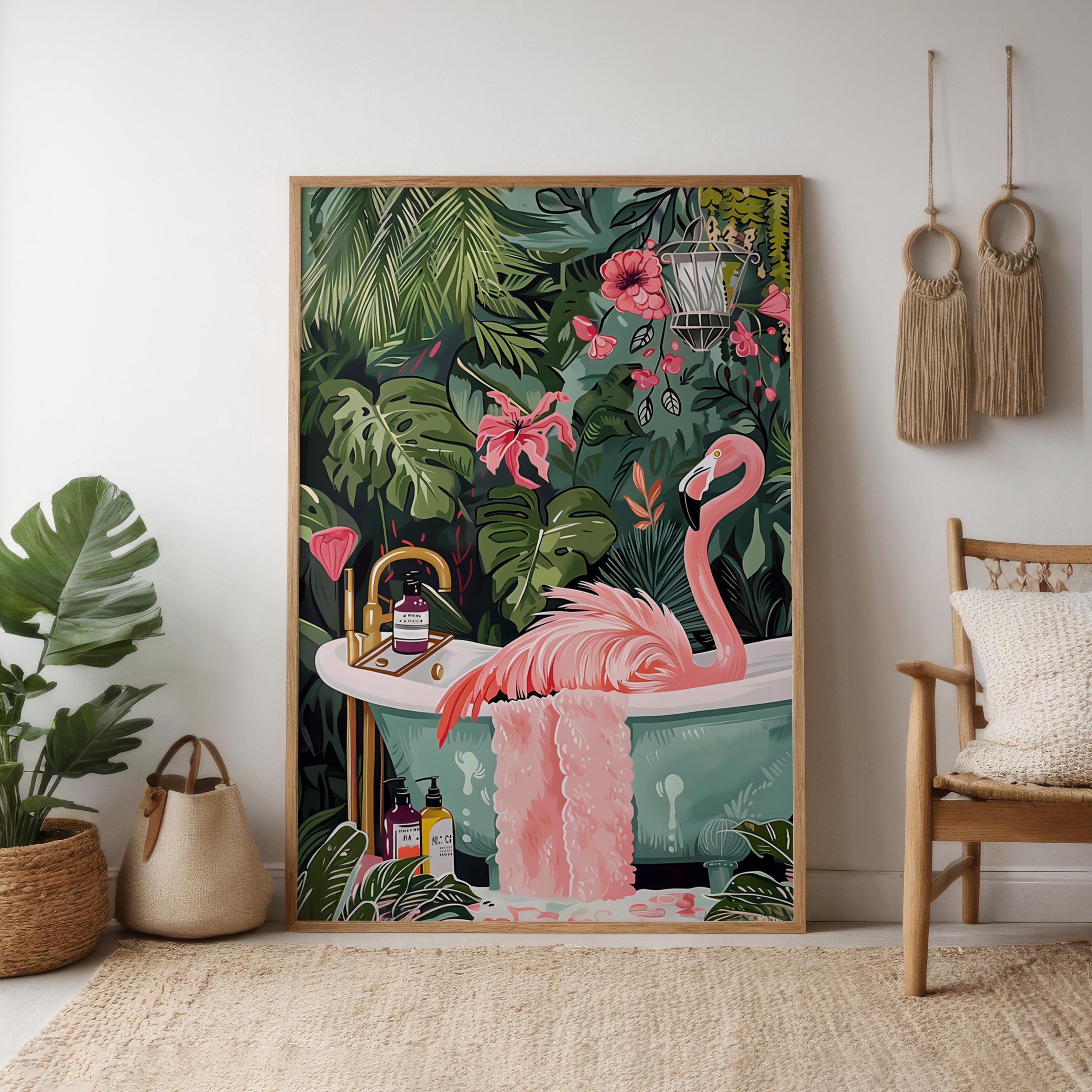 The Jungle Oasis: Whimsical Flamingo in Bathtub Art | Playful & Eclectic Bathroom Decor