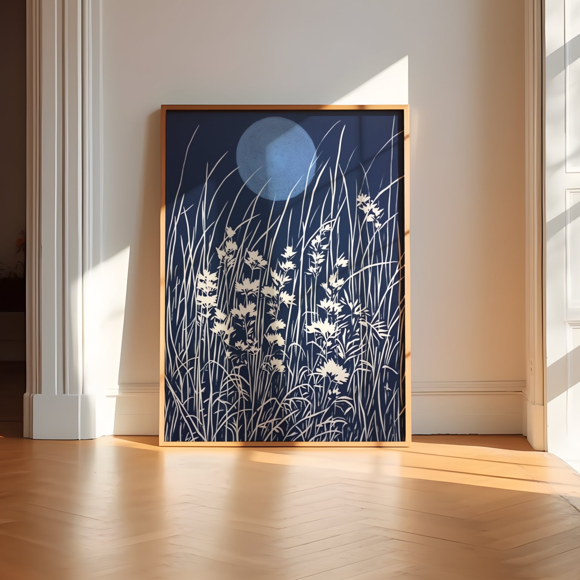 The Midnight Garden: Persian Blue Wildflower Linocut Print | Minimalist & Serene Botanical Art