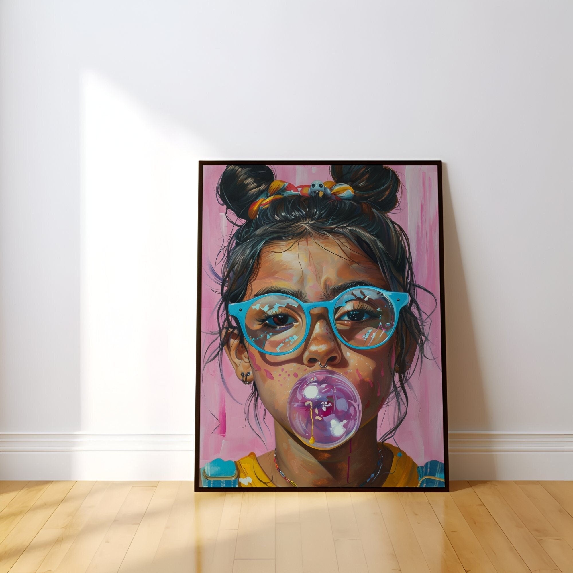 Latina Girl with Glasses Blowing Bubble Gum Interactive Wall Art