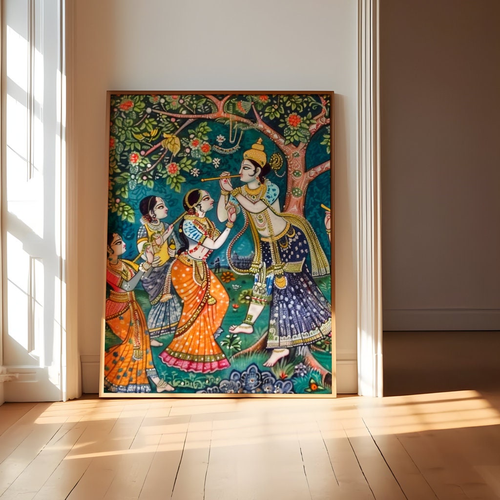 Divine Melody Krishna Playing Flute Under Mango Tree Interactive Wall Art