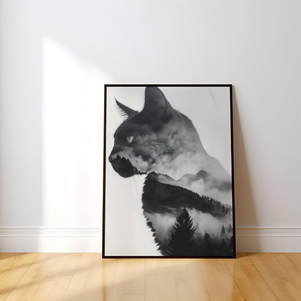Spirit of the Wild: Surreal Cat & Mountain Double Exposure Art | Ethereal Black & White Decor
