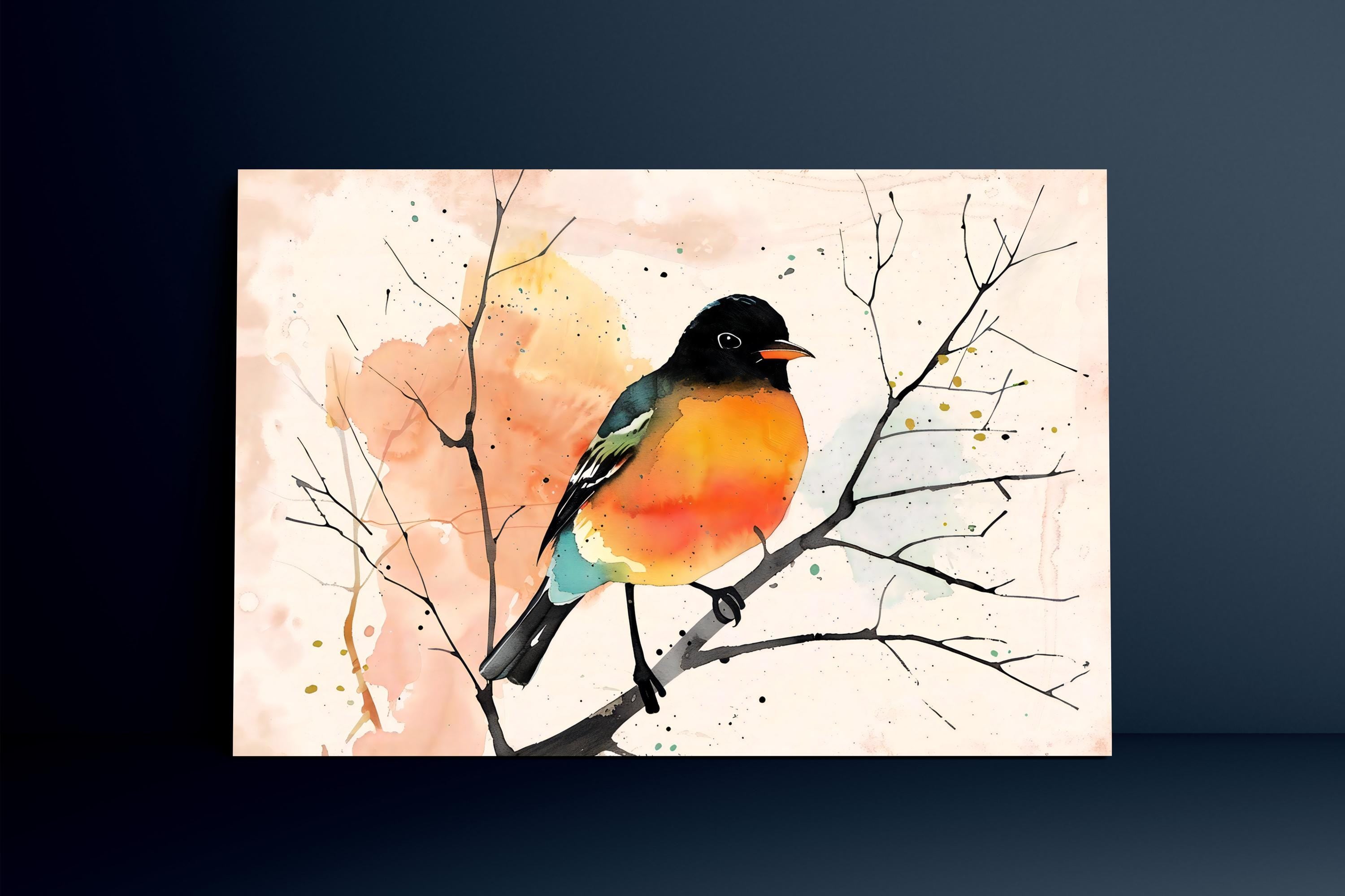 The Soloist: Vibrant Orange & Black Bird Watercolor Art | Modern Abstract Wall Decor