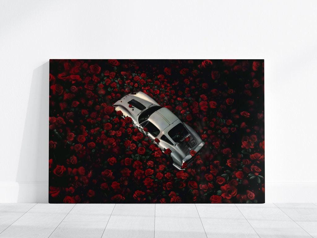 The Last Love Affair: Moody Vintage Car & Red Roses Art | Dark, Romantic & Cinematic Decor