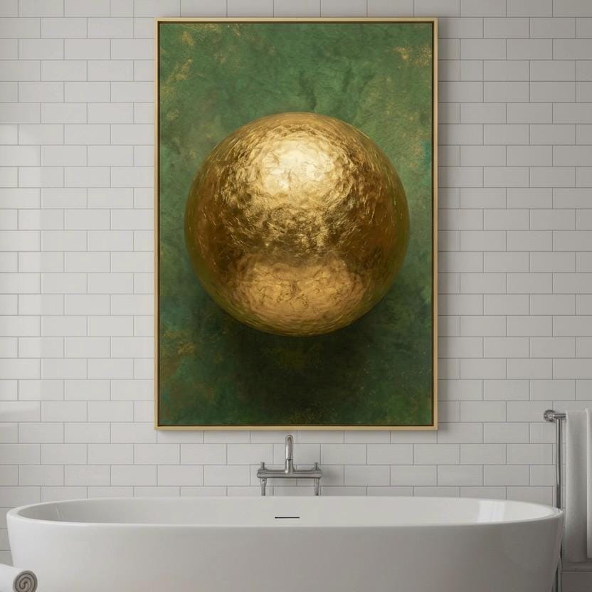 a large gold-colored sphere or ball, which is the central focus of the framed artwork displayed above a white bathtub in a bathroom setting.