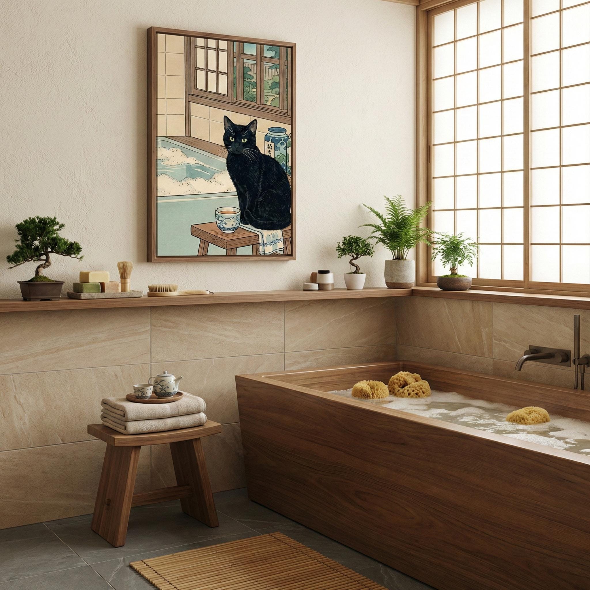 Ukiyo-e Black Cat Wall Art - Japanese Onsen Bathhouse Scene