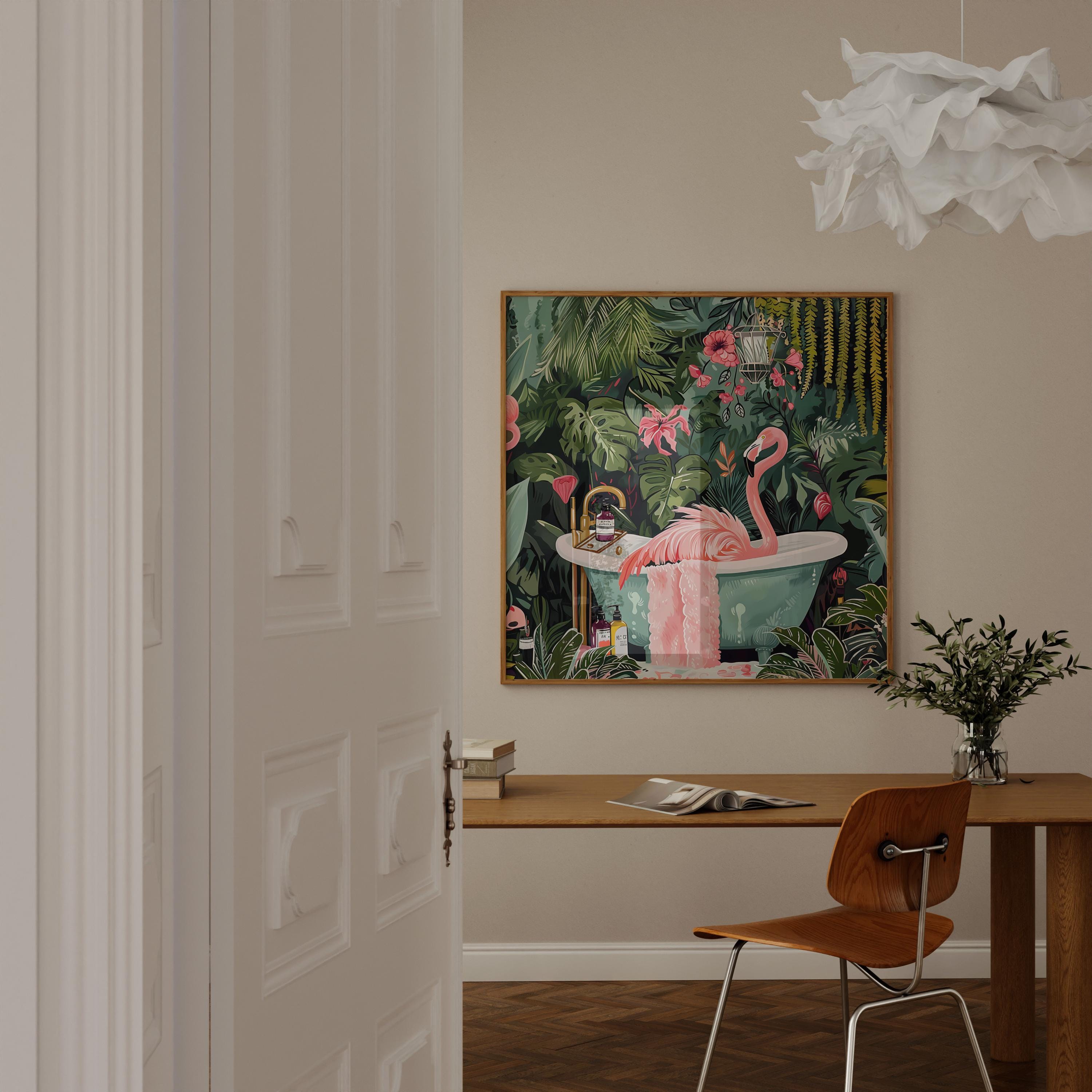 The Jungle Oasis: Whimsical Flamingo in Bathtub Art | Playful & Eclectic Bathroom Decor
