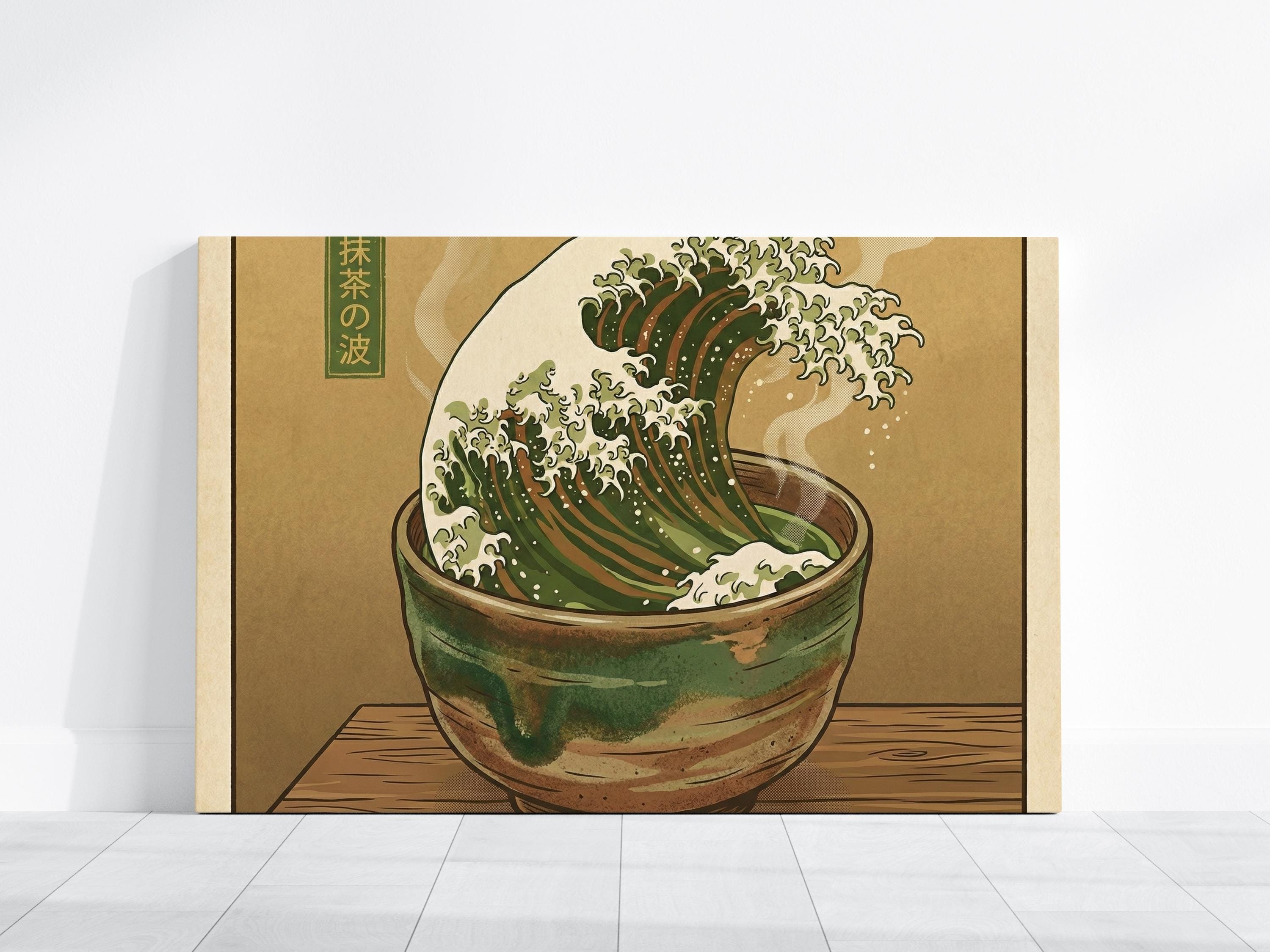 Great Wave Tea Cup Art - Surreal Matcha Print in Sea Foam Green