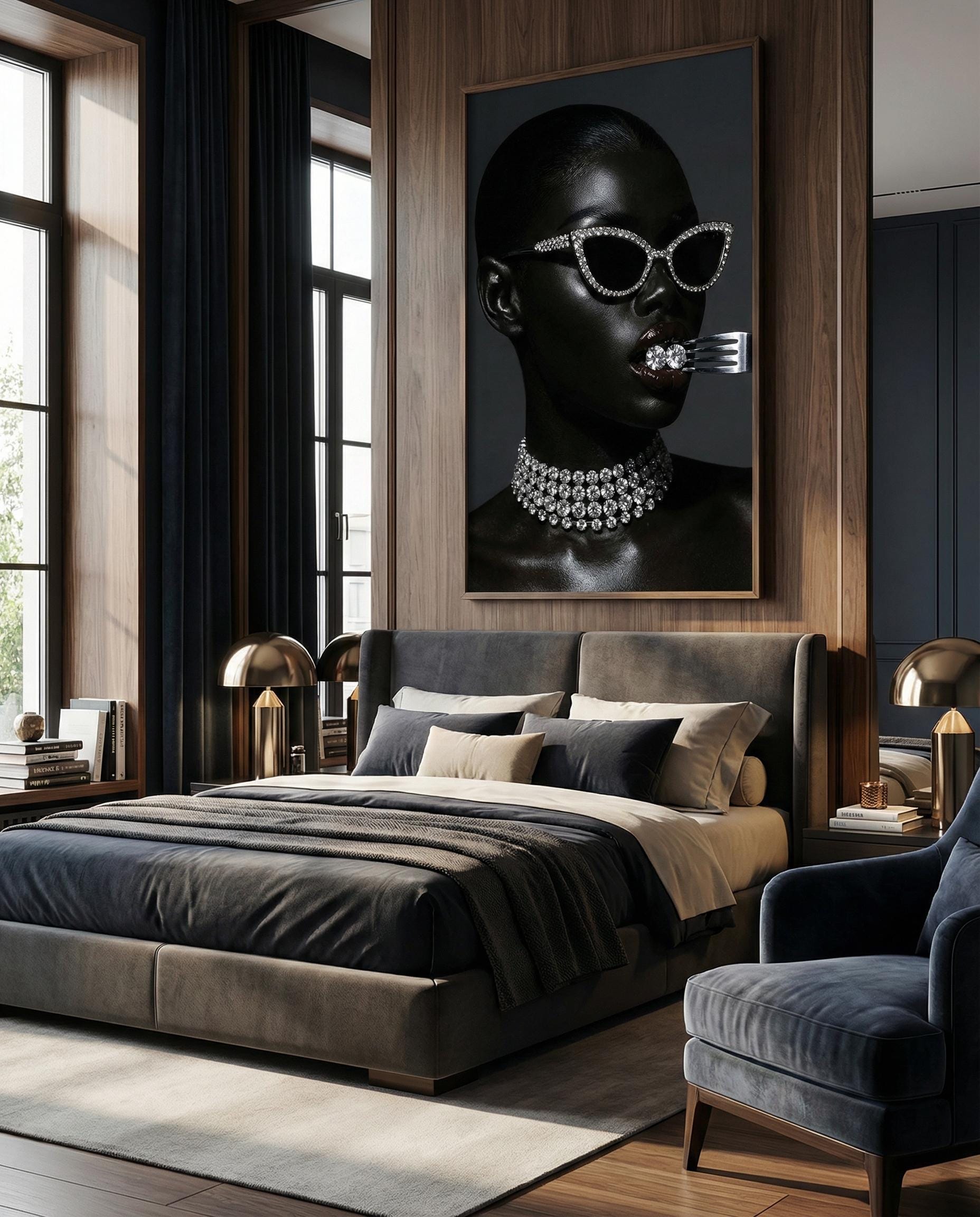 Diamond Black Wall Art Print, Luxury Modern Style (Framed or Canvas)