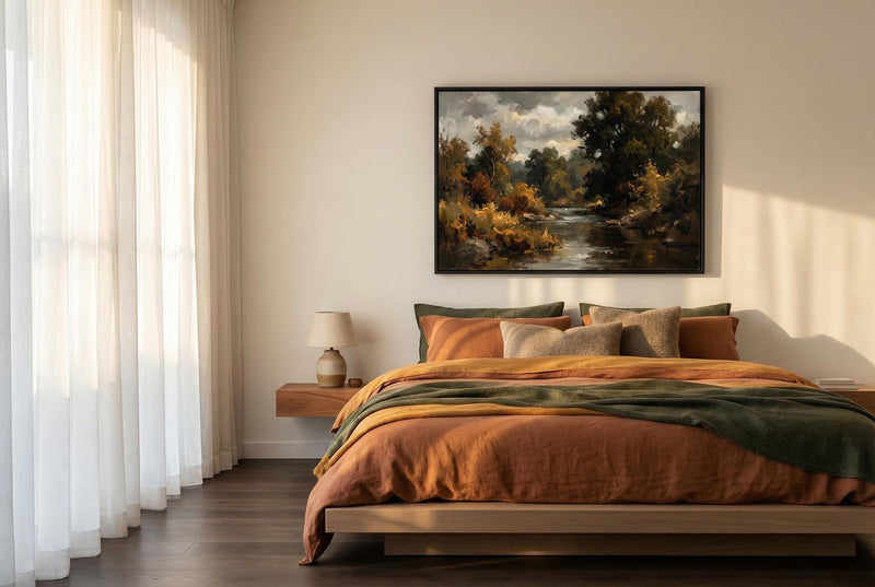Moody Autumn River Landscape Painting, Vintage Forest Wall Art, Rustic Dark Academia Cabin Decor