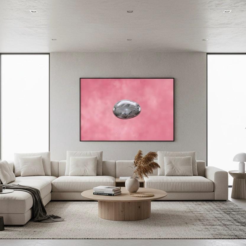 a modern living room with a large, white sectional sofa and a wooden coffee table. Above the sofa, there is a large framed artwork featuring a pink background with a metallic object in the center. The room has large windows that allow natural light to fill the space, and the overall design has a minimalist and contemporary aesthetic.