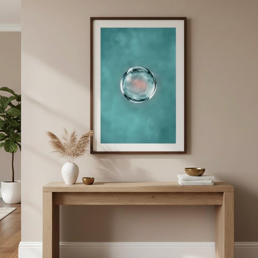 a wooden table with a white vase and a small plant, and a framed picture of a water bubble hanging on the wall above it.