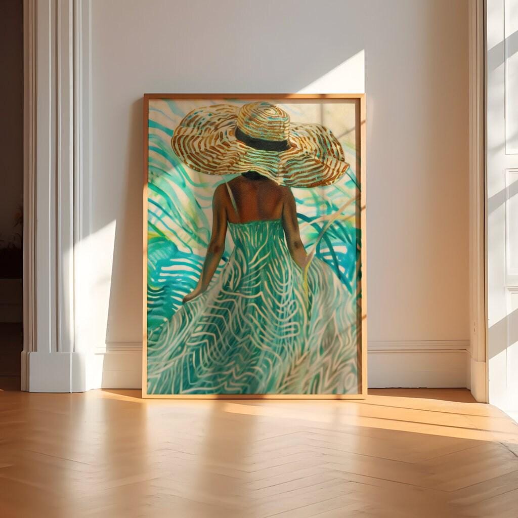 The Dreamer's Path: Surreal Woman in Hat in a Swirling Tropical Landscape | Vibrant & Abstract Wall Art