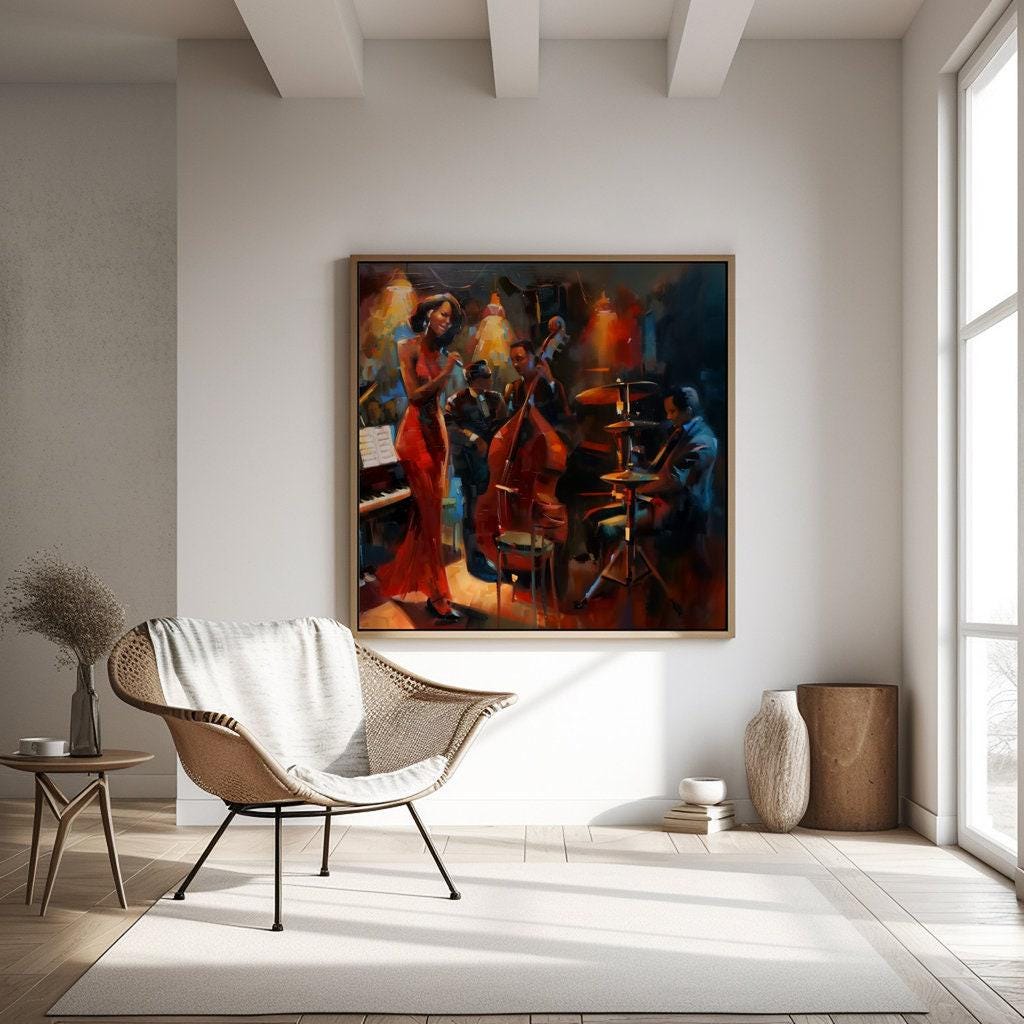 Jazz Club Serenade: Woman in Red Dress with Band Art | Soulful & Vibrant Music Decor