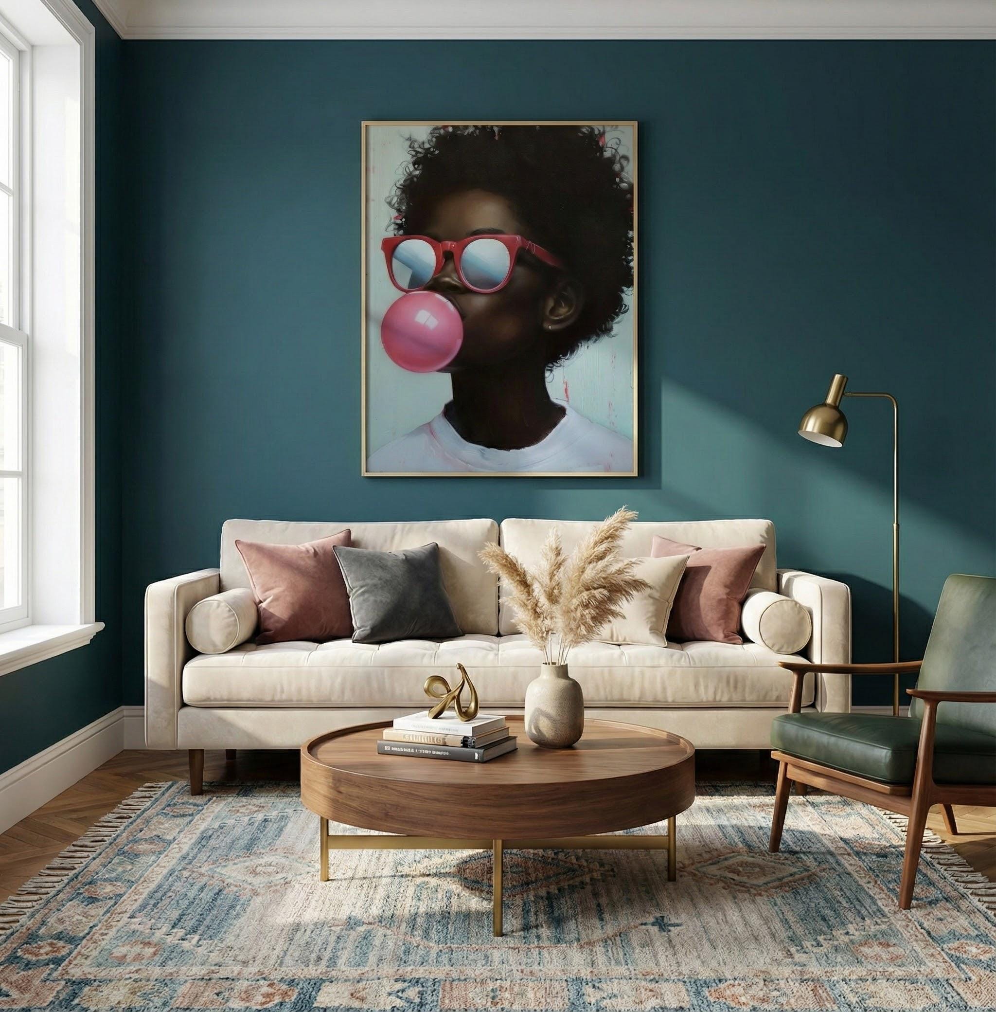 Vibrant African American Portrait Canvas: Bold Colors, Bubble Gum Pop