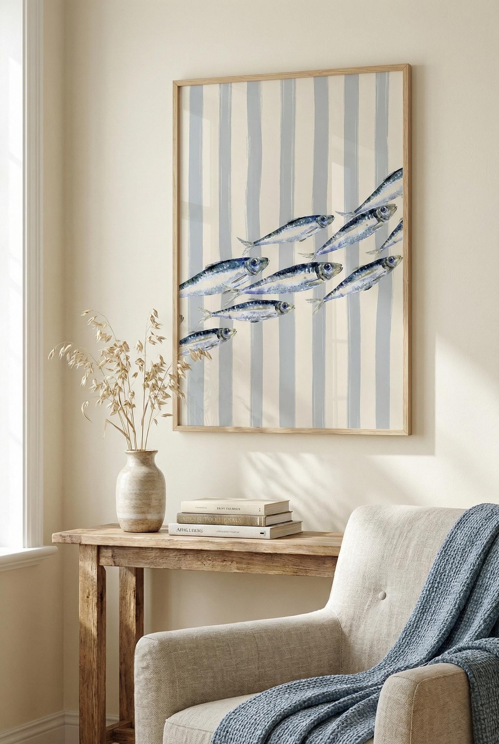 Sardine Blue Lines Wall Art - Greece Inspired Home Decor