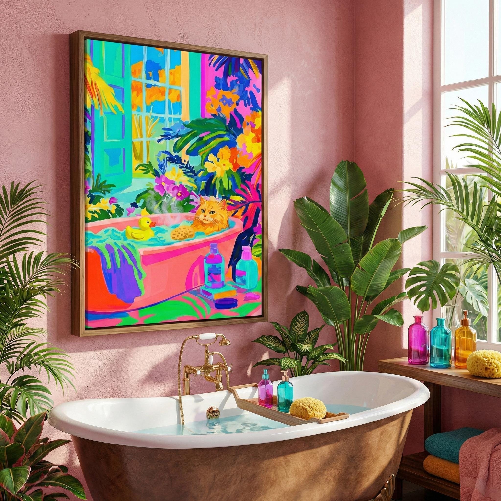 Whimsical Cat Canvas, Orange Tabby in Bathtub (Bold Fauvist Colors)