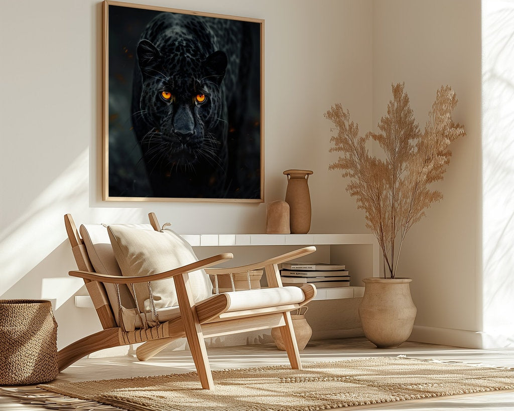 The Midnight Hunter: Black Panther with Orange Eyes Art | Moody & Powerful Wildlife Decor