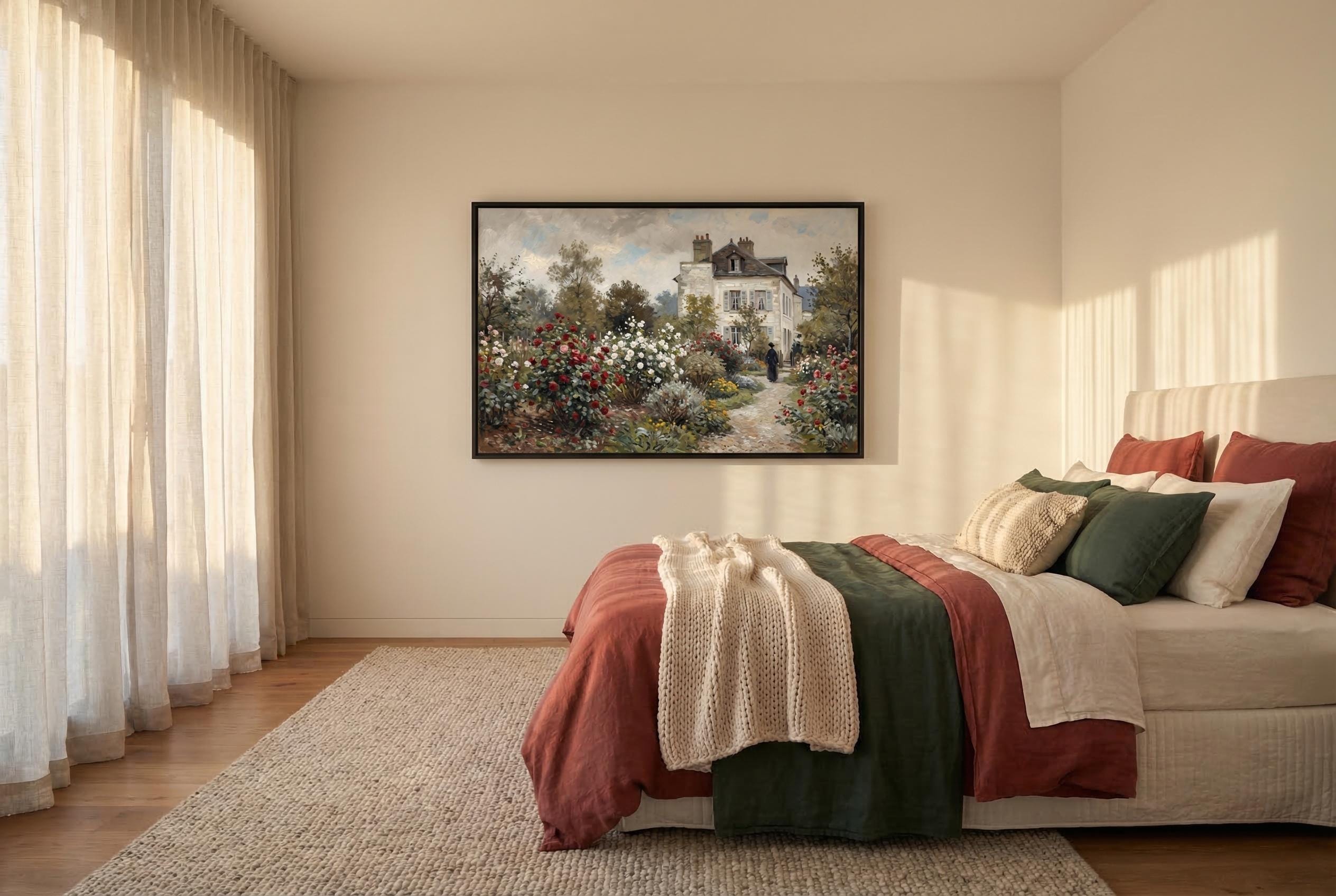 Vintage Rose Garden Painting French Country House Art Impressionist Cottage Landscape Print Wall Art