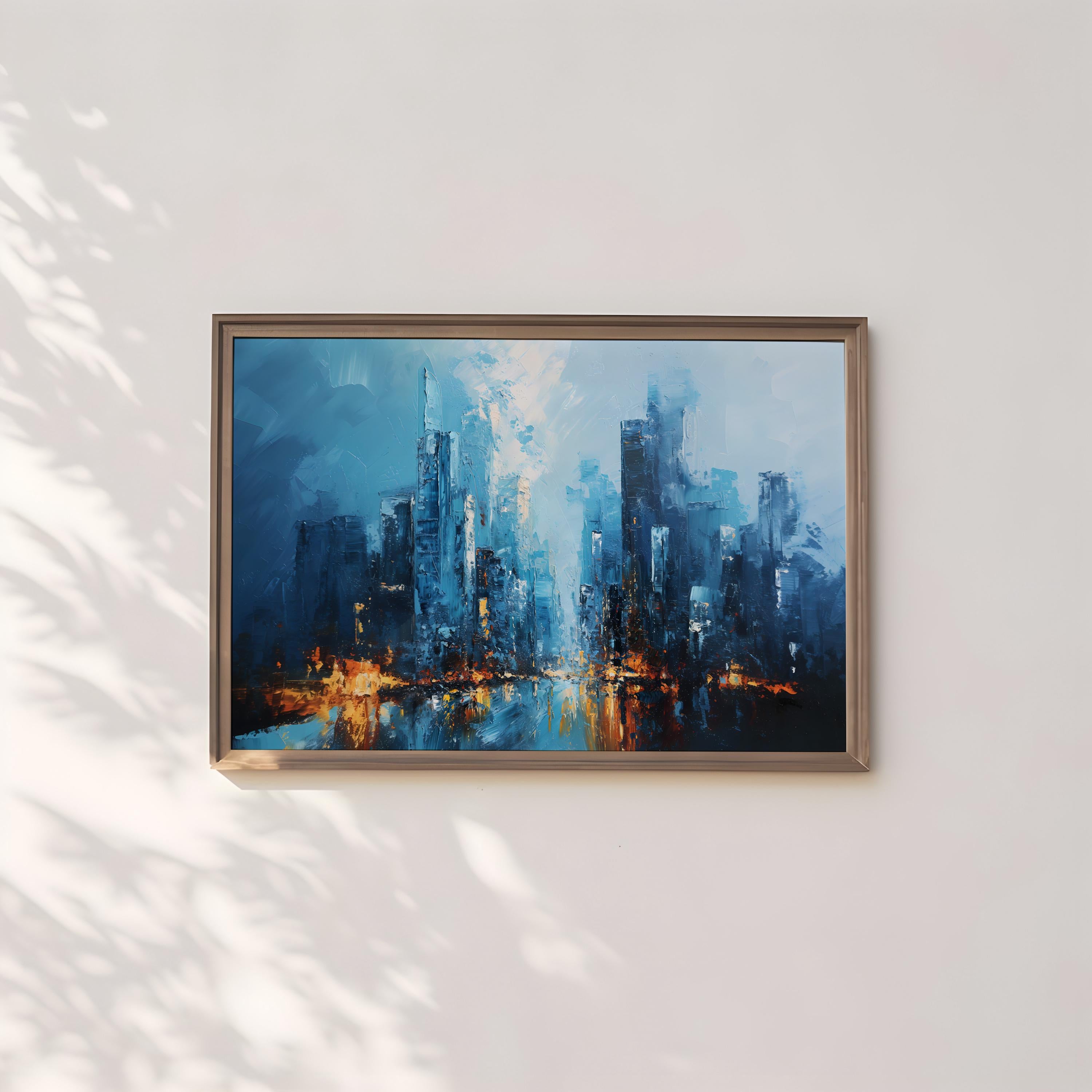 City of Memory: Abstract Impressionist Cityscape | Blue & Gold Urban Wall Art
