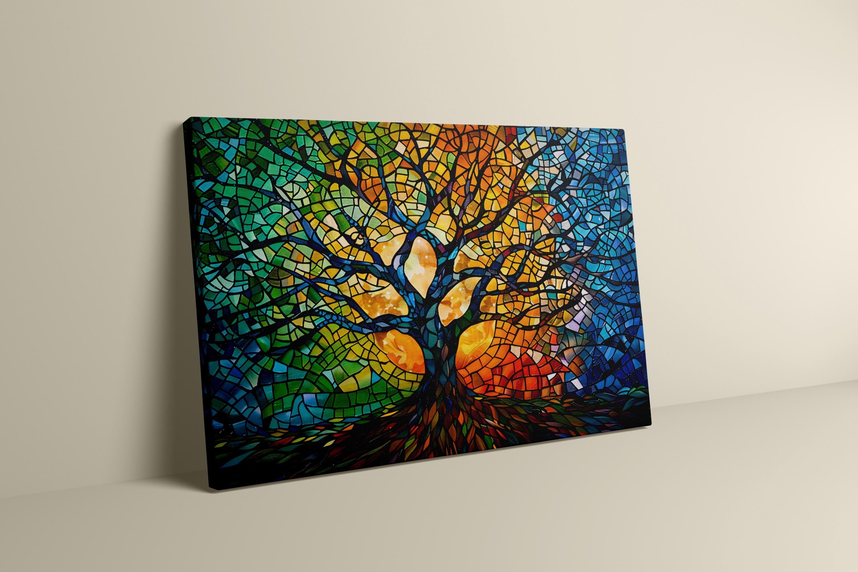 Stained Glass Tree of Life: Colorful Mosaic Canvas Art | Vibrant & Elegant Wall Decor