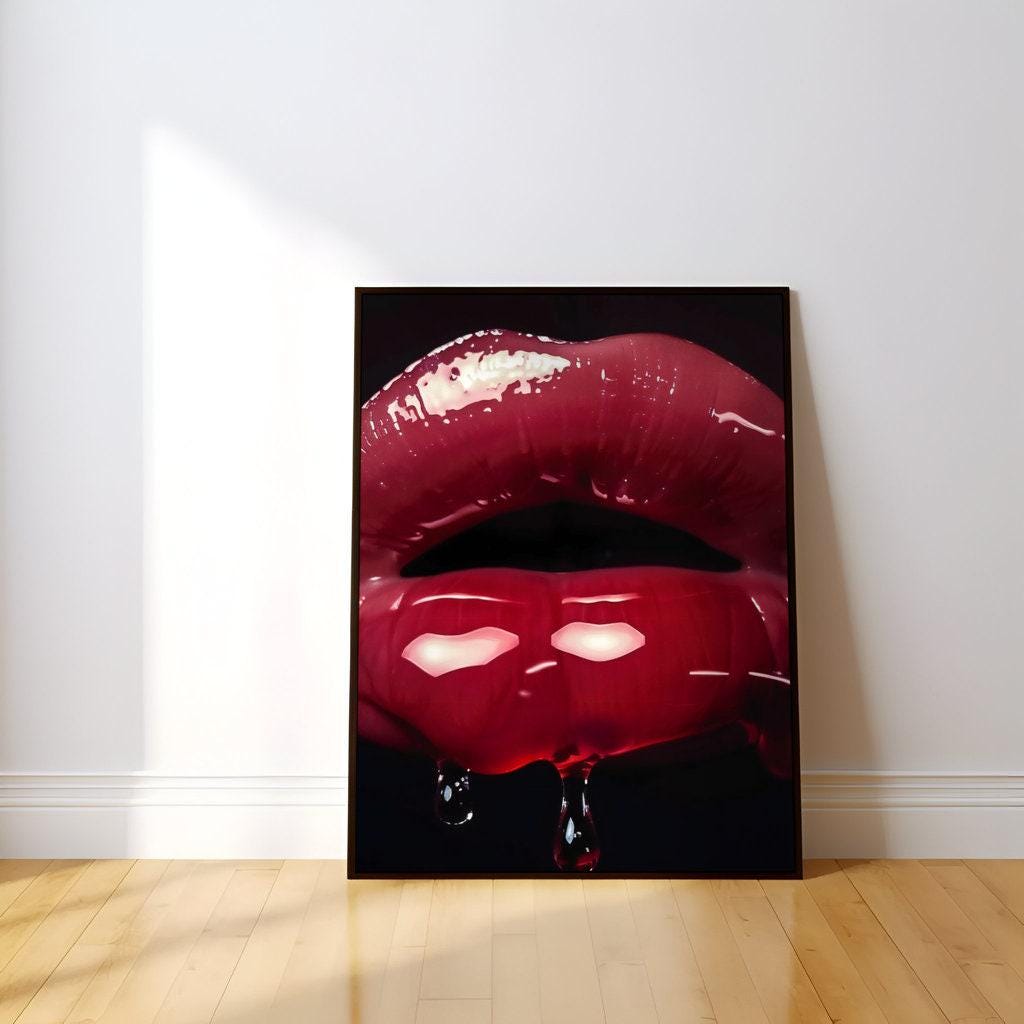 Crimson Whisper: Hyperrealistic Red Lips Art | Modern, Glamorous & Seductive Wall Decor