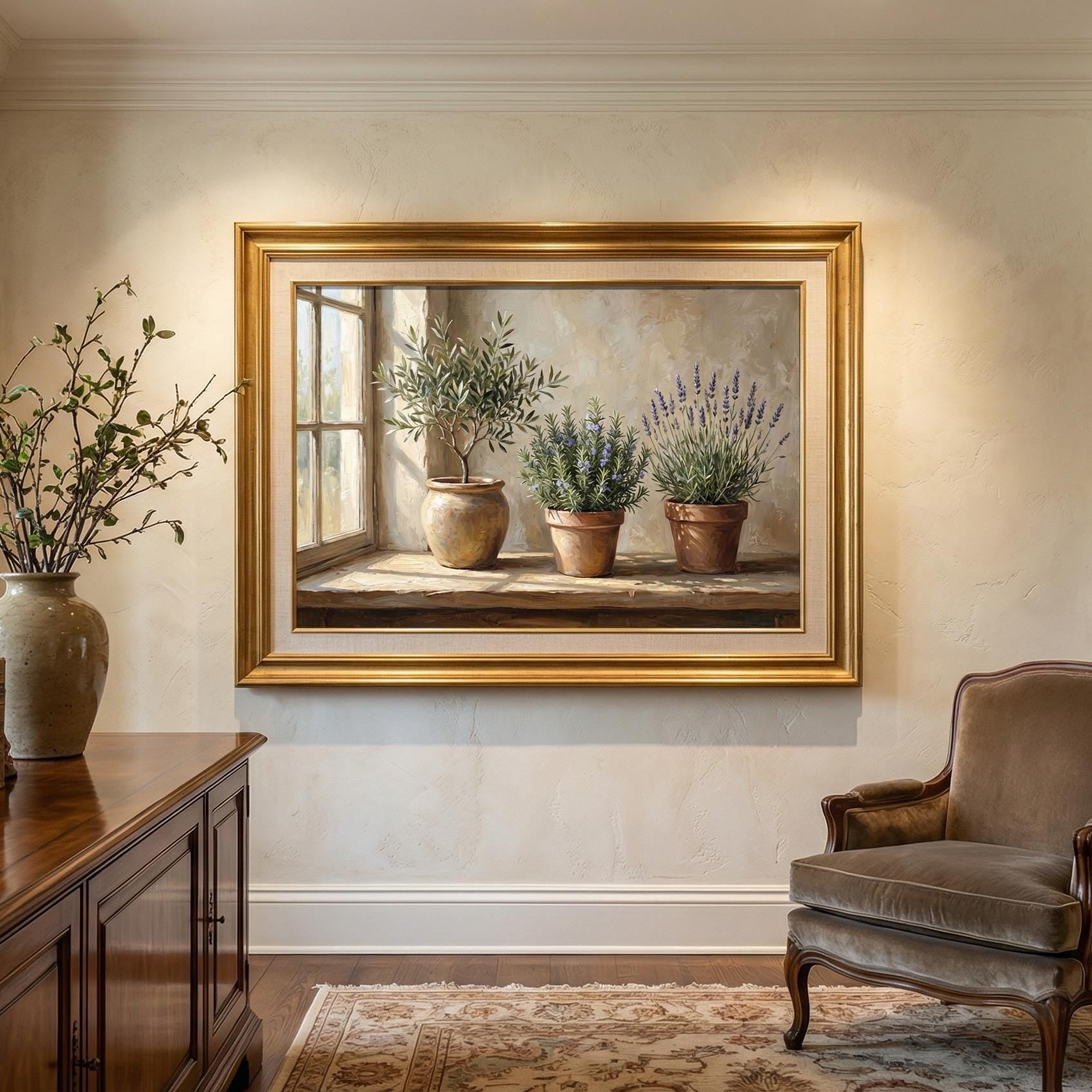 Olive Tree Art Print: Plants and Pots, Beige Tones