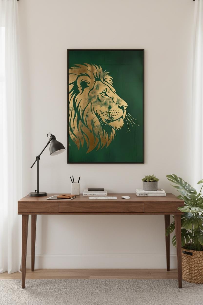 Art Deco Wall Art - Gold Foil Lion Profile Print with Regal Green Metallic Texture