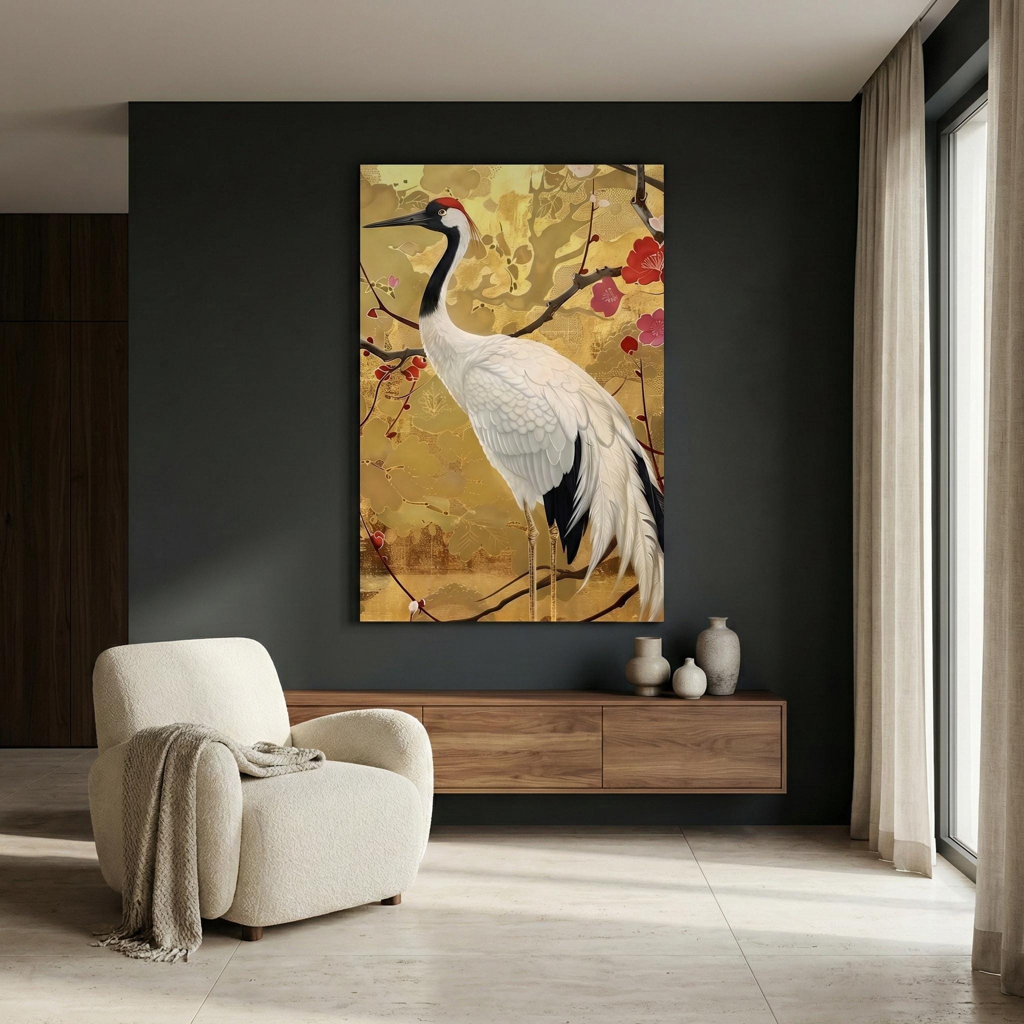 Graceful Crane Wall Art: Vibrant Floral Canvas with QR Code