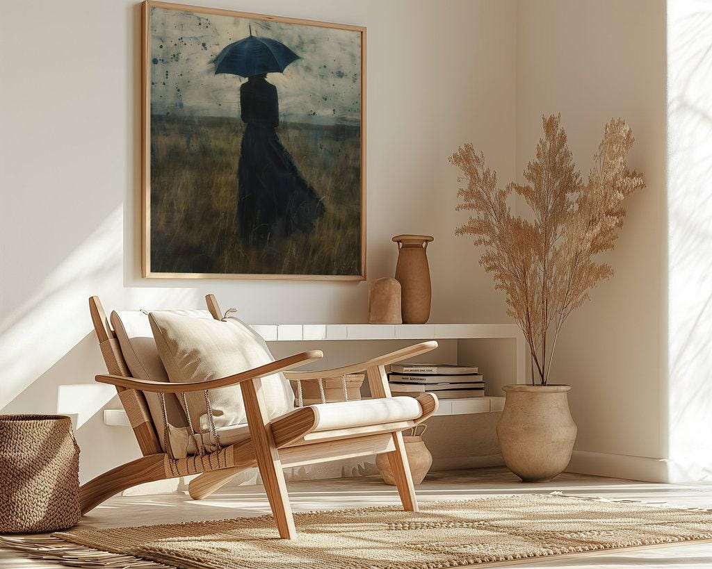 Melancholy Rain: Atmospheric Woman with Umbrella Canvas Art | Contemplative & Moody Wall Decor