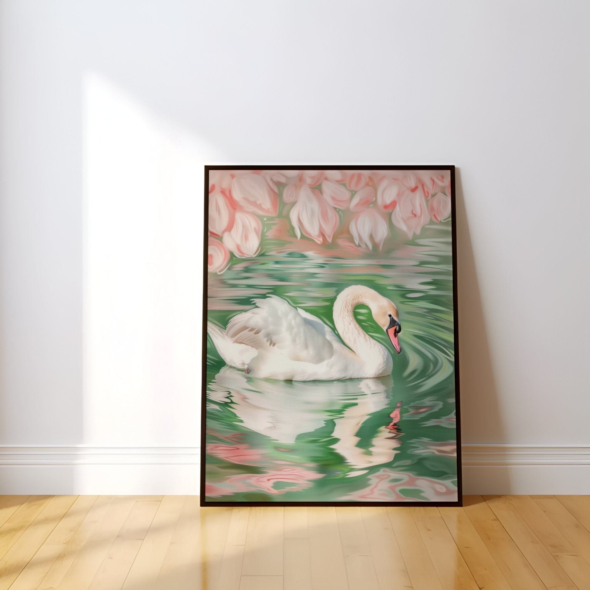 Swan Wall Art: Soft Pink Green Illustration - Calm Nature Scene
