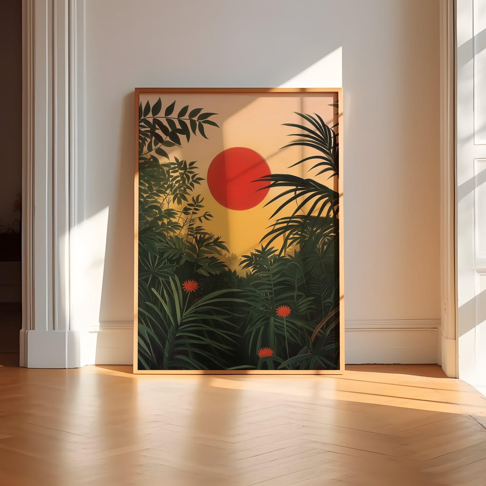 Tropical Forest Wall Art: Henri Rousseau Inspired Red Sun Sunrise