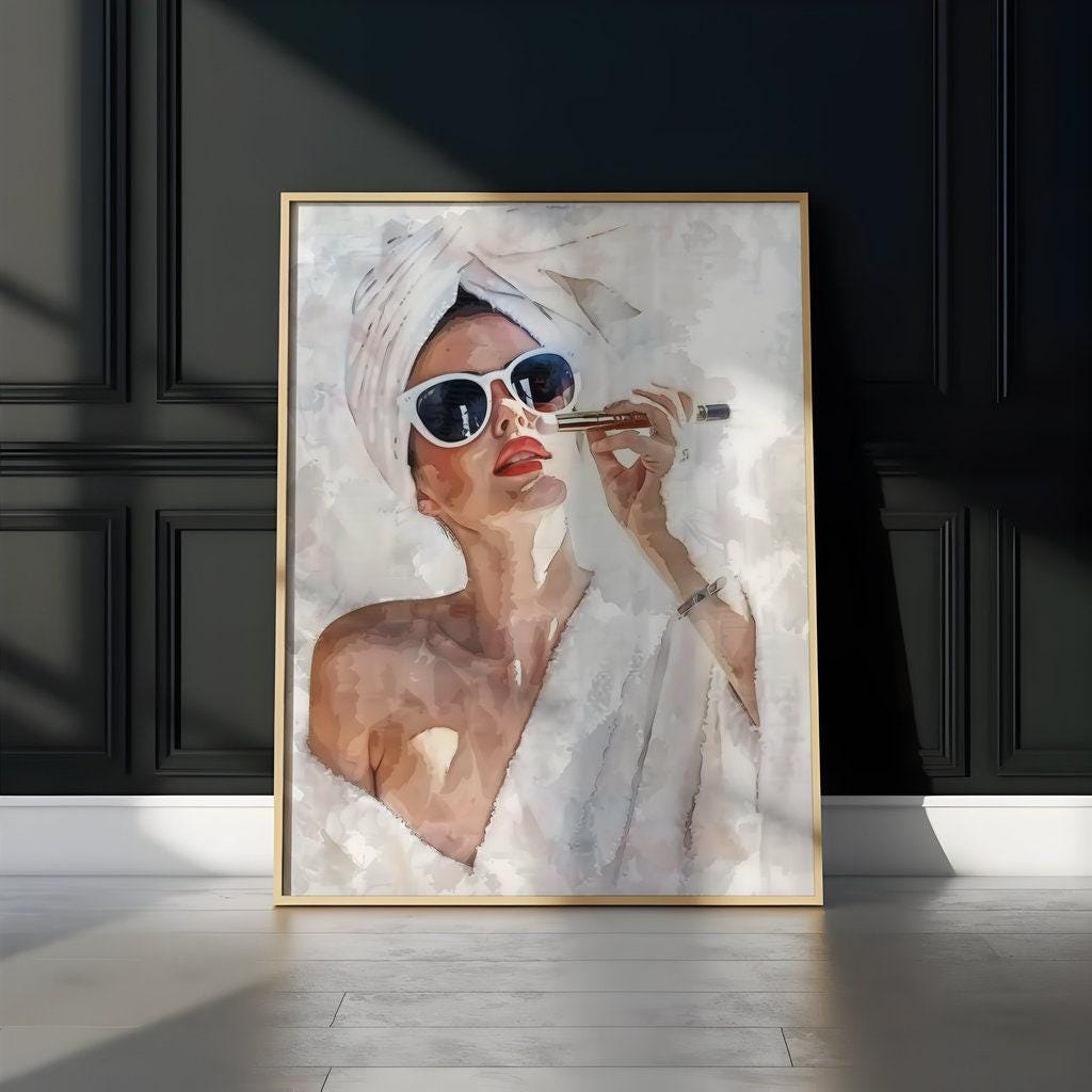 Morning Glamour: Modern Woman in Sunglasses & Robe Art | Chic Fashion Wall Decor