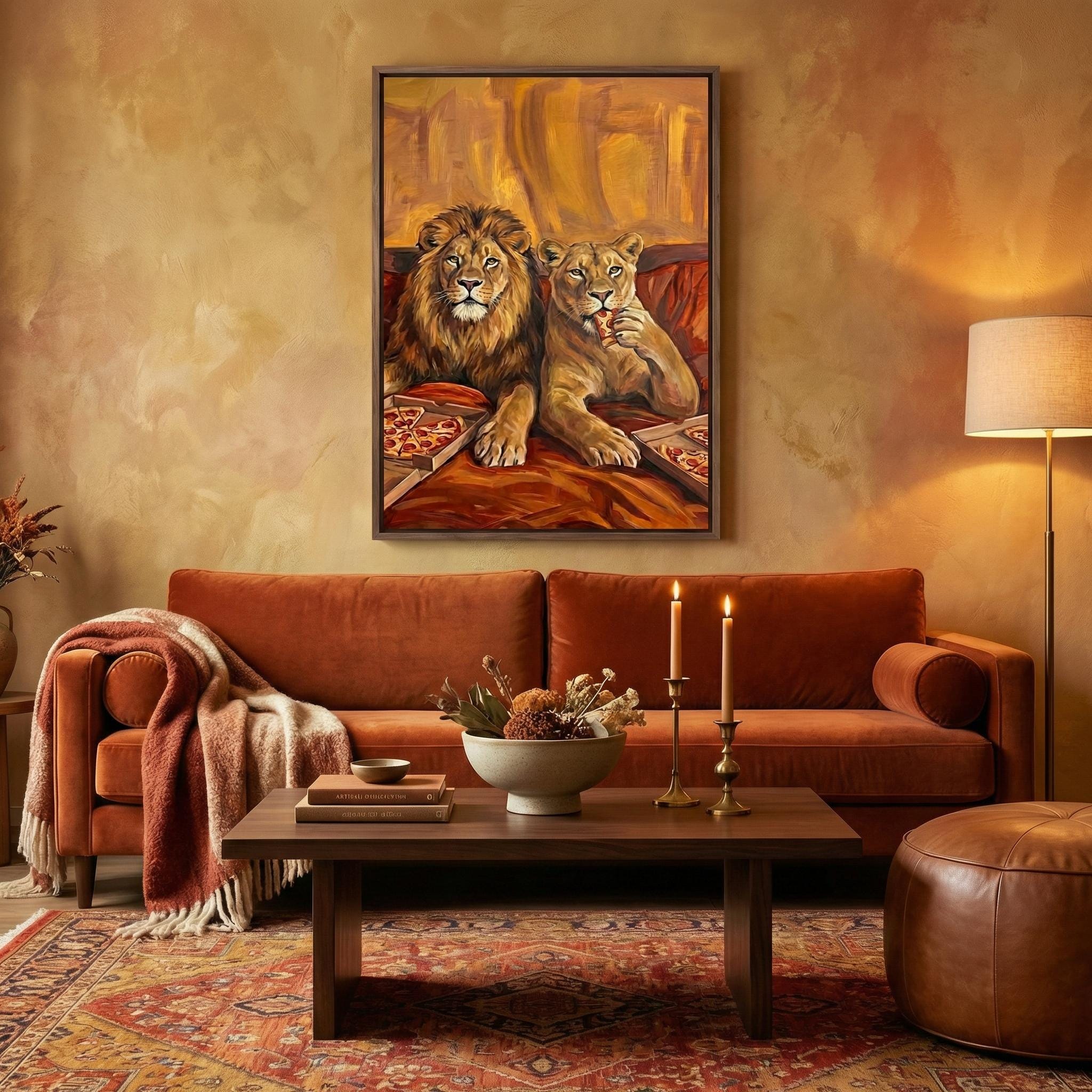 Lion Couple Wall Art: Cozy Surreal Pizza Date - Warm Tones