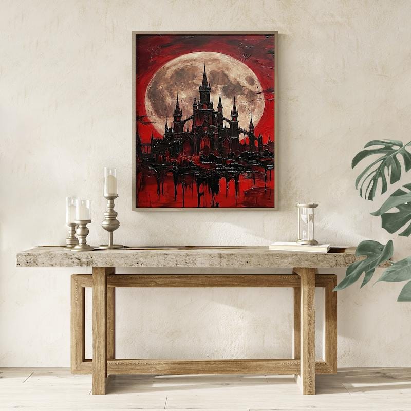 Castle Wall Art: Blood Moon Scene - Gothic Dark Fantasy Decor