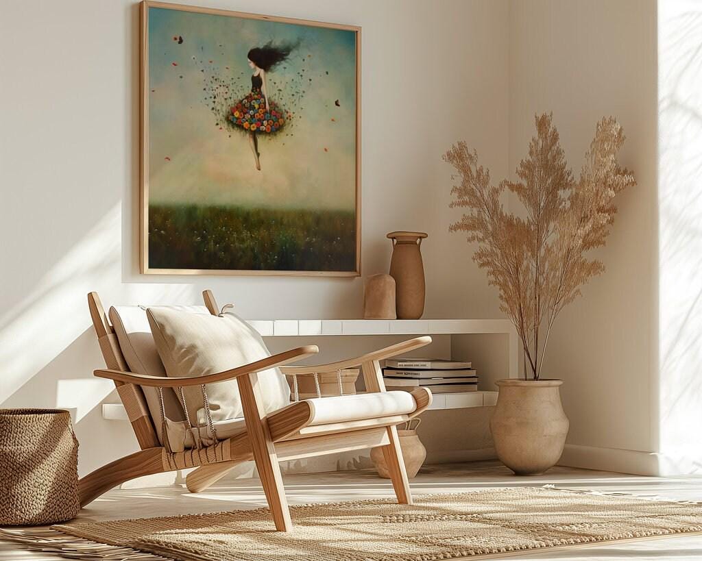 The Ascension: Surreal Woman Floating in a Vortex of Flowers | Fantastical & Ethereal Wall Art