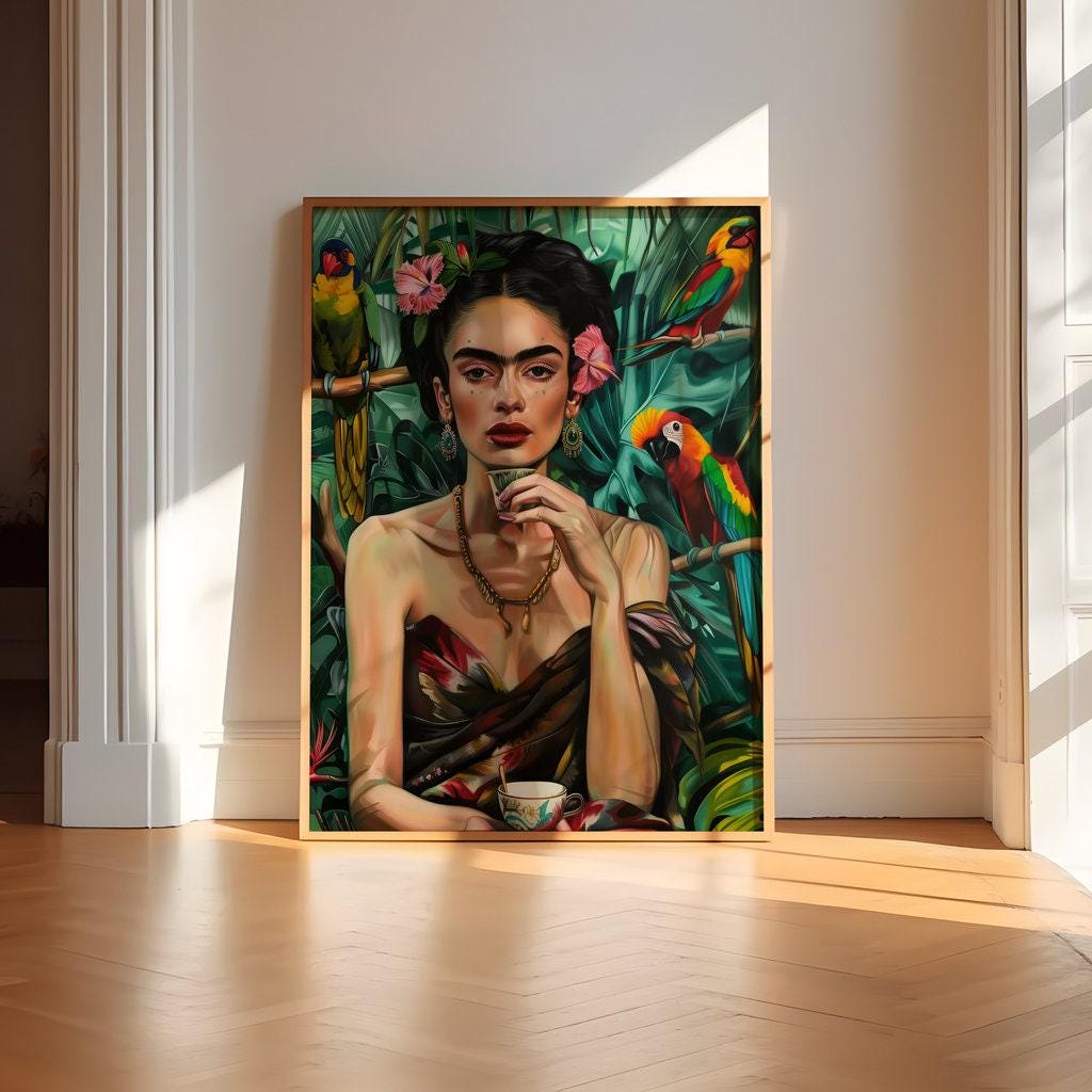 Tropical Goddess: Vibrant Jungle Portrait with Parrots | Exotic Floral Wall Art Decor