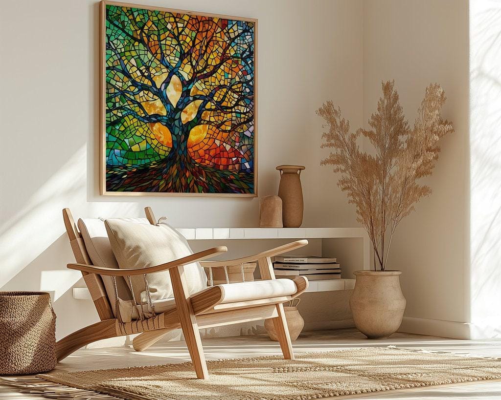 Abstract Mosaic Tree Wall Art - Bright Stained Glass Colors