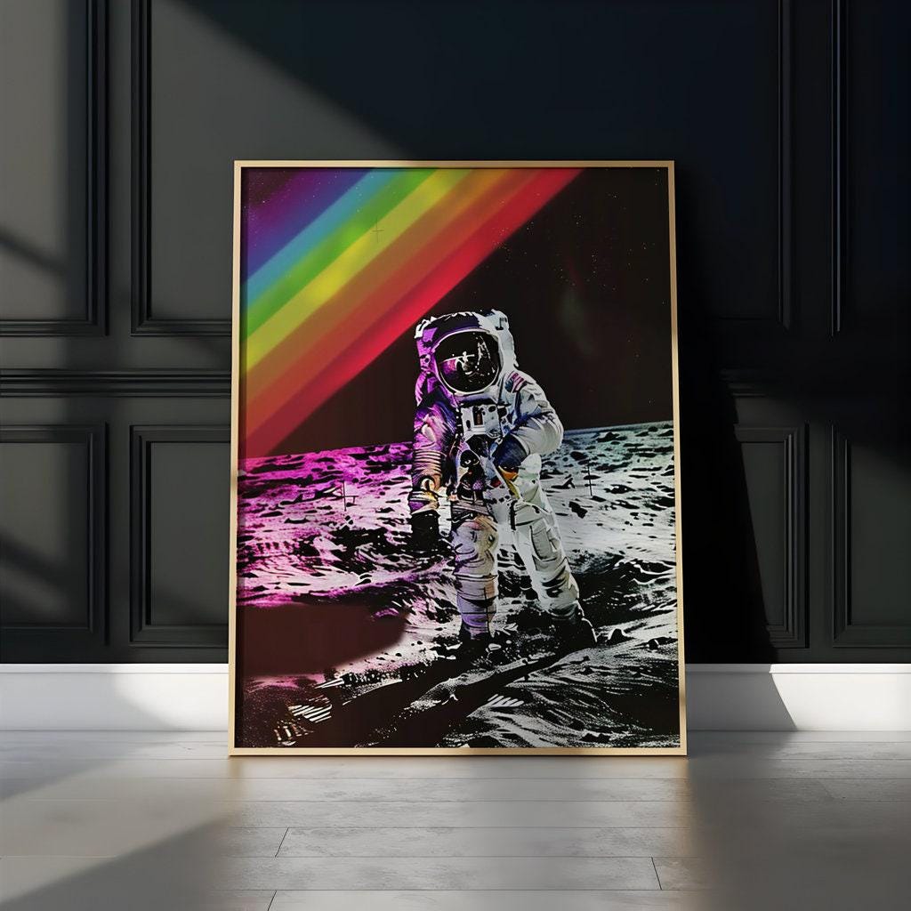 Lunar Dream: Astronaut on the Moon with Rainbow Sky | Surreal & Cinematic Space Art
