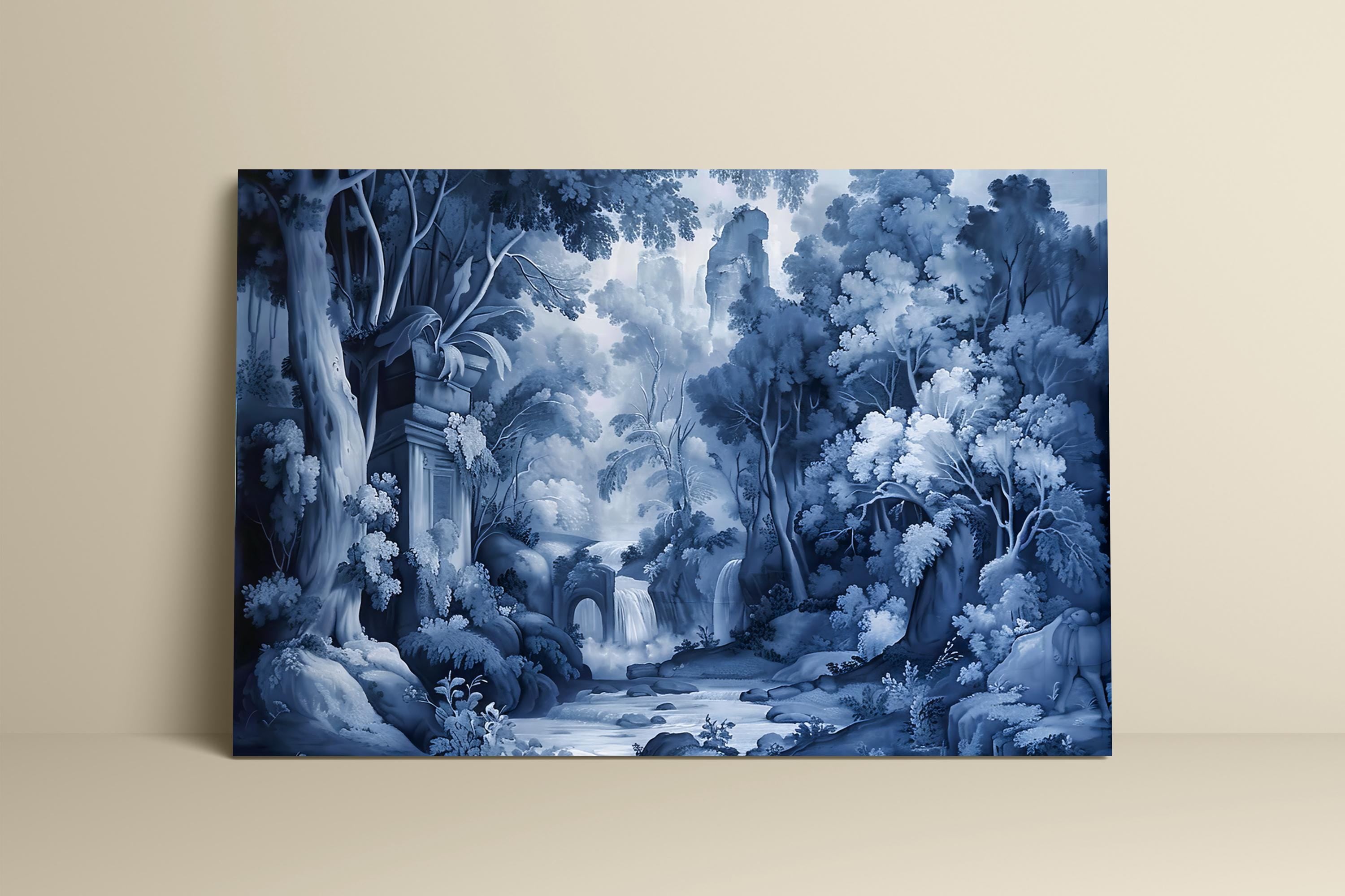 Ethereal Echoes: Blue Monochrome River & Ruins Landscape | Moody & Romantic Wall Art