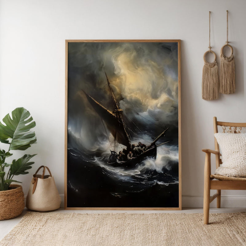 Stormy Seascape Canvas | Maritime Canvas Art With Lightning Storm Artwork & Tempest Ship Design