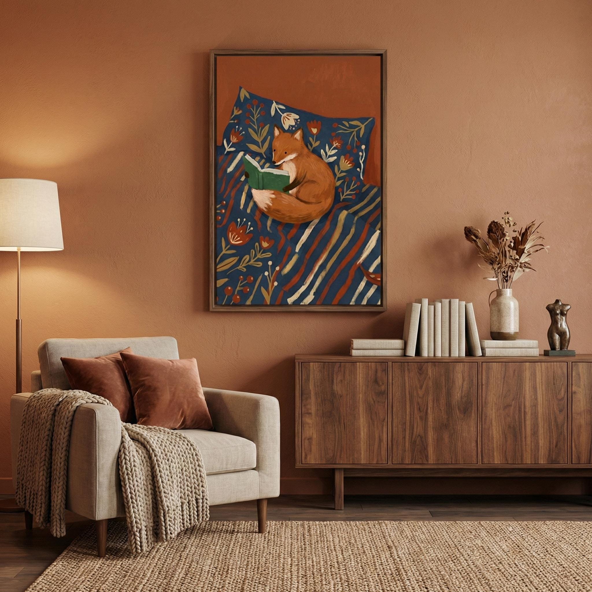 Fox Reading Illustration: Woodland Animal Art (Canvas or Print)