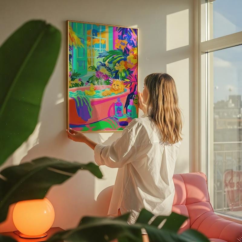 Whimsical Cat Canvas, Orange Tabby in Bathtub (Bold Fauvist Colors)