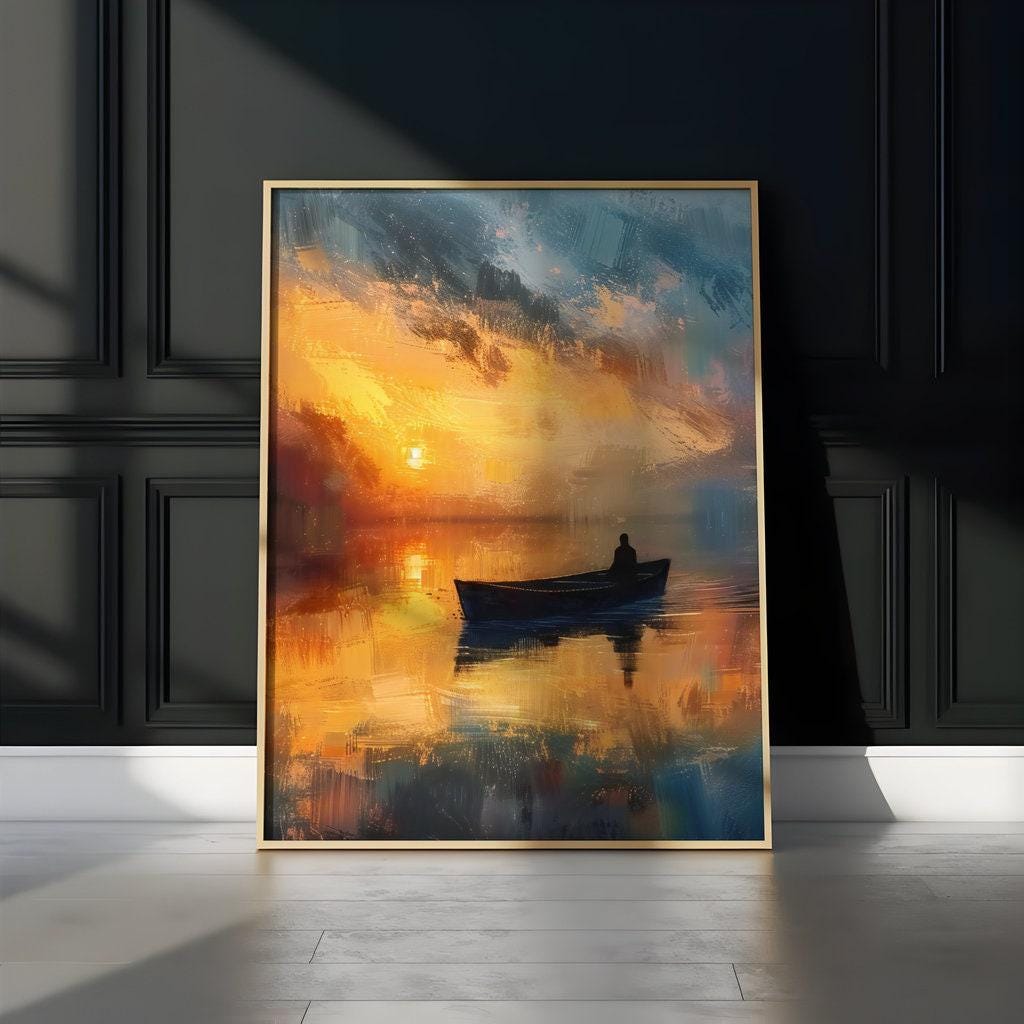 Sunset Solitude: Serene Lone Boat Canvas Art | Tranquil Orange & Blue Lake Decor