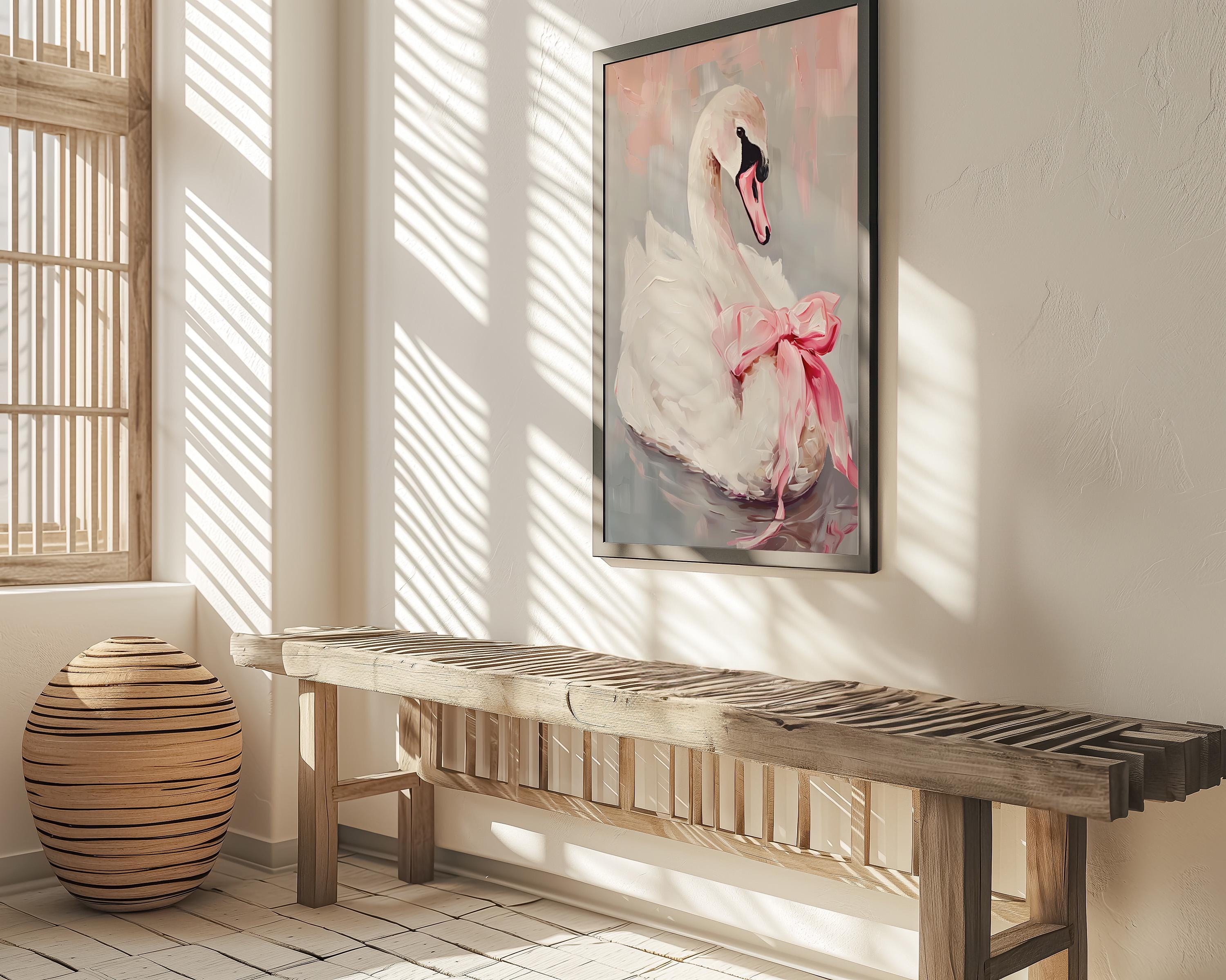Ballerina Swan Art Print: Elegant Pink Bow, Soft Pastel Wall Decor