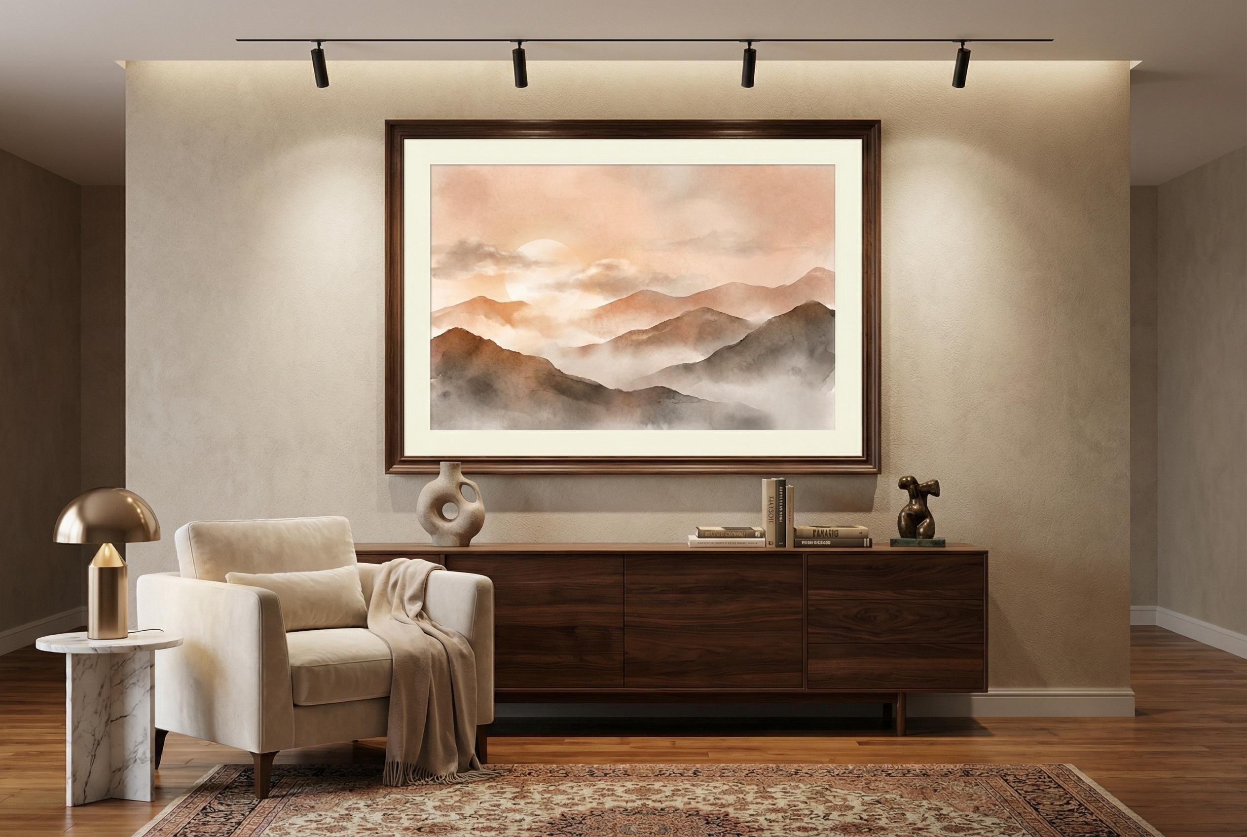 Moonlit Mountain Wall Art Print: Cloudy Sky, Orange Sunset