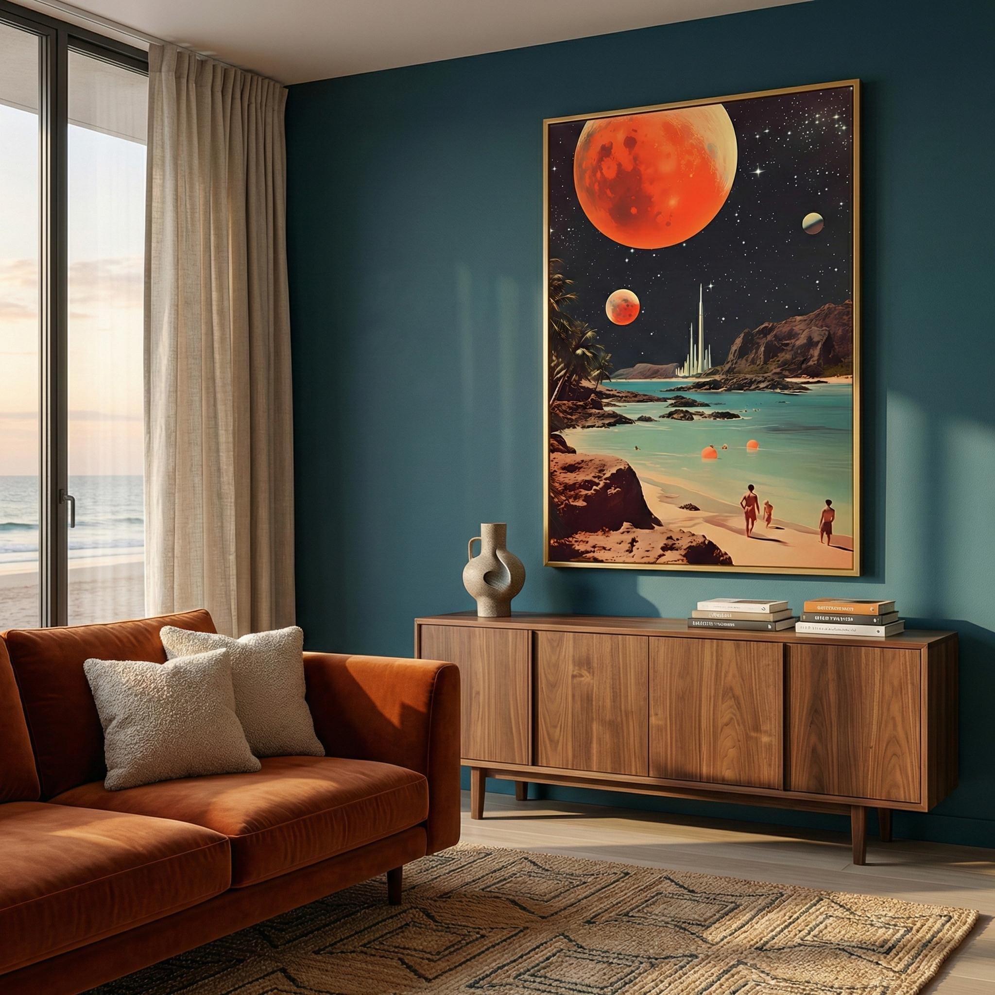 Space Beach Print: Sci-Fi Retro Art - Tranquil, Soft Hues