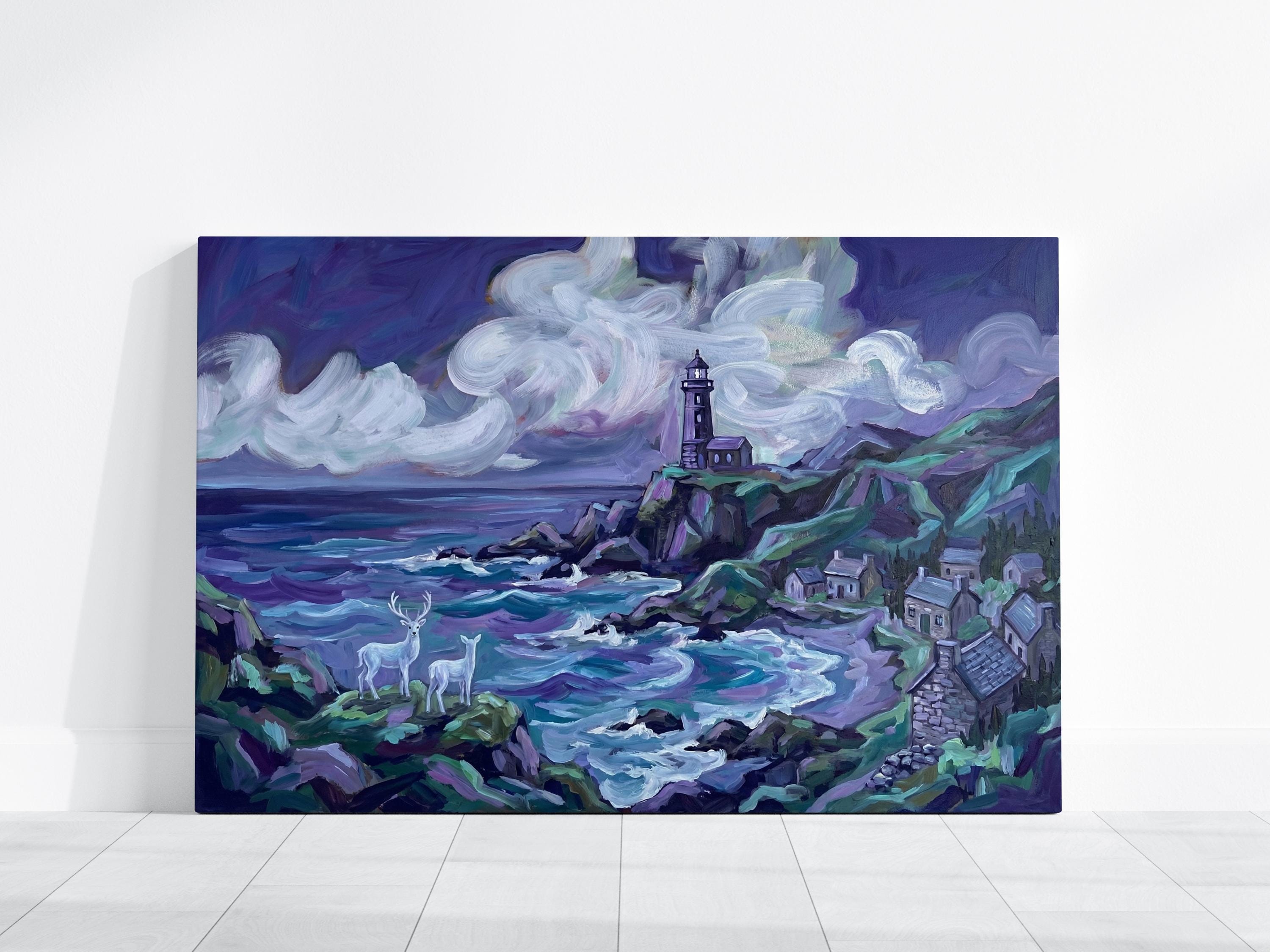 Fantasy Lighthouse Canvas, Purple Ocean, White Deer (Ready to Hang)